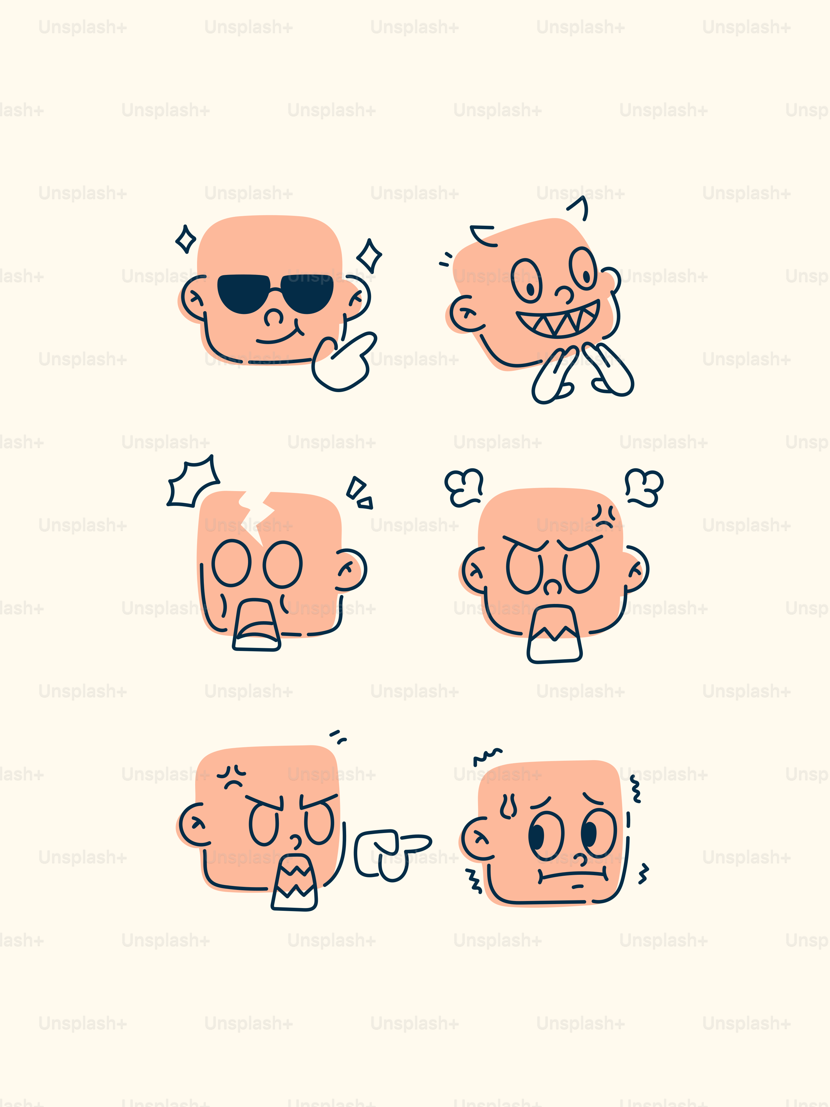 Six cartoon faces showing different emotions