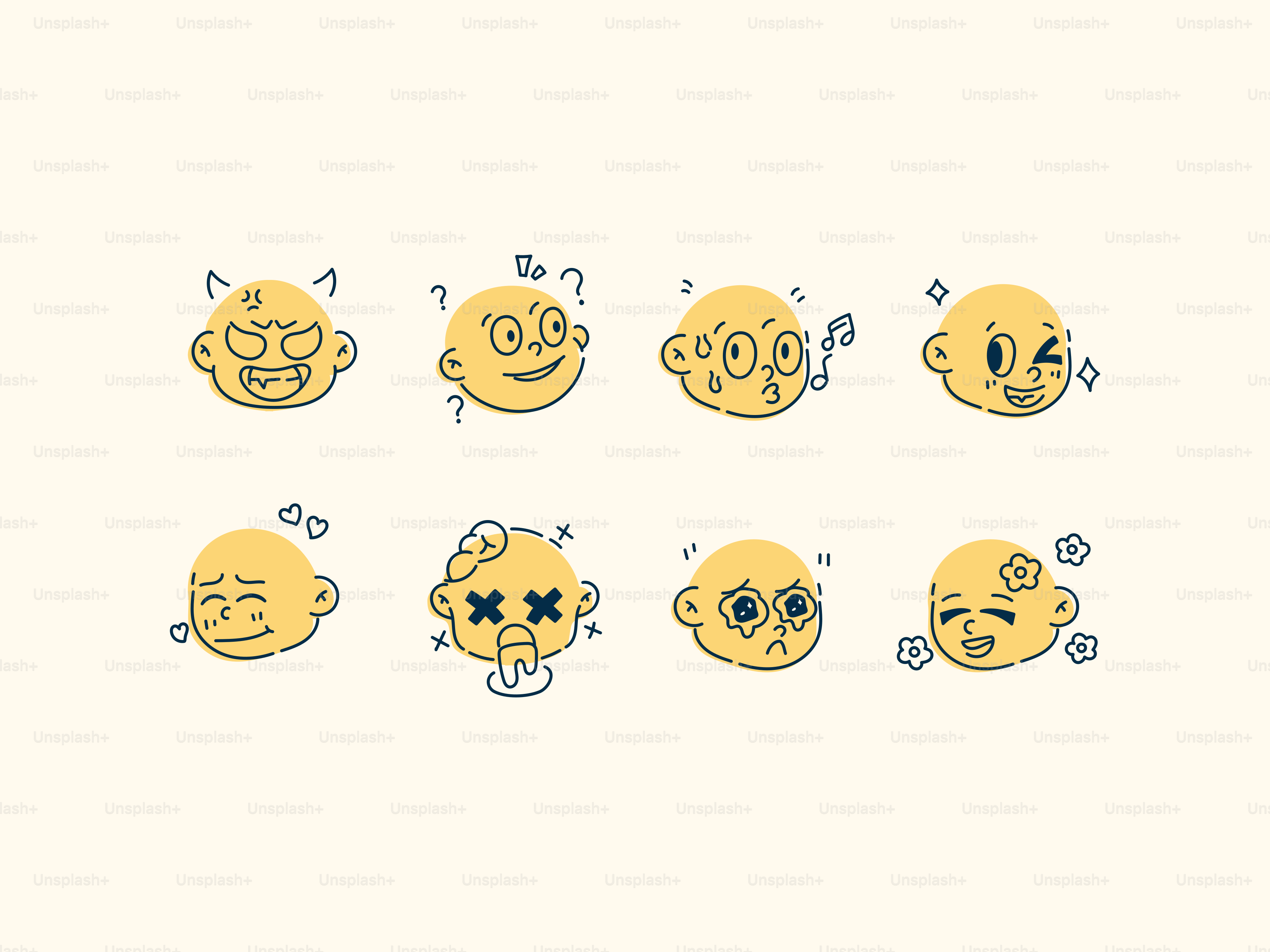 さまざまな感情を示す漫画の顔のコレクション