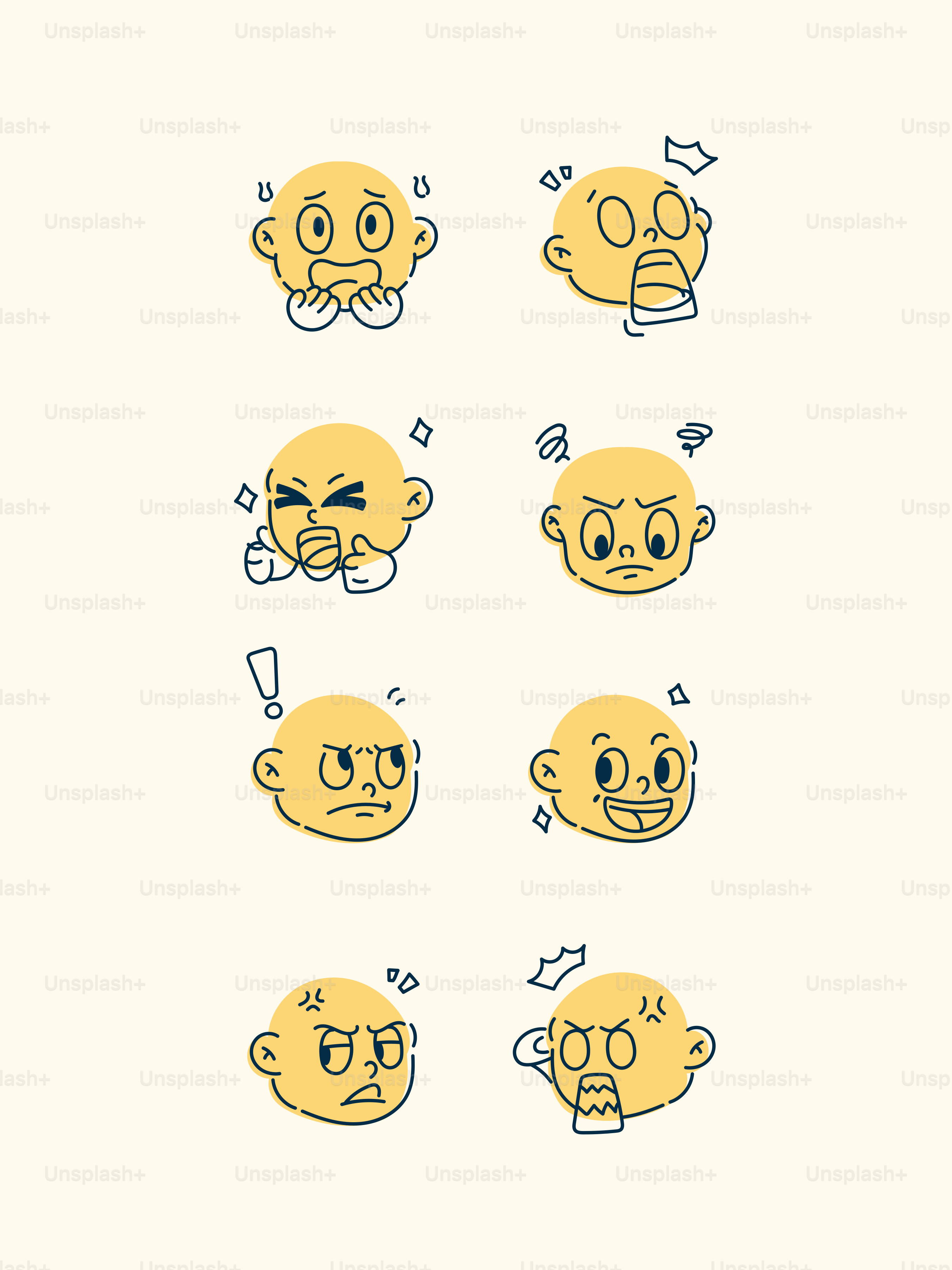 Sammlung von Cartoon-Gesichtern, die verschiedene Emotionen zeigen