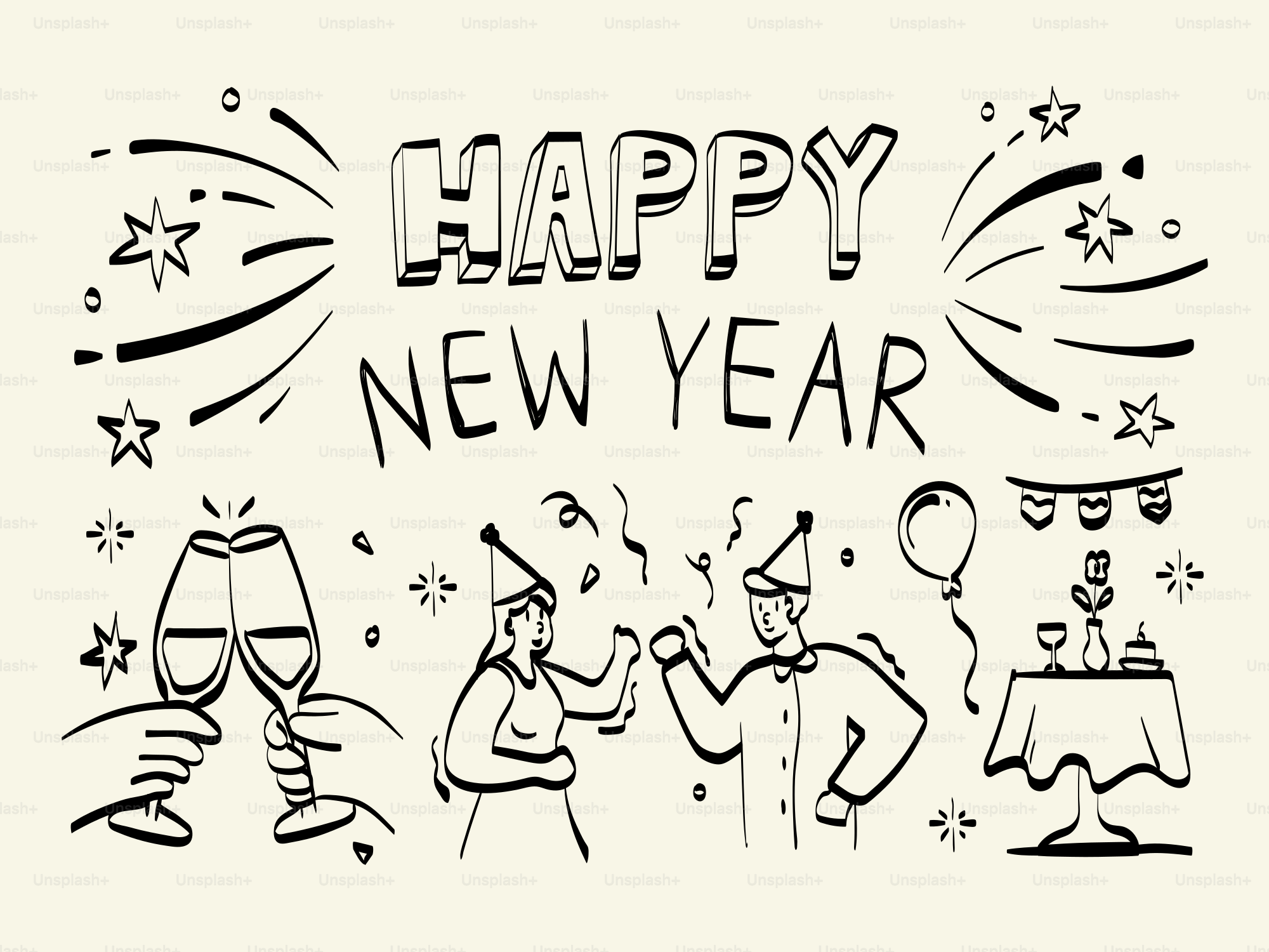 Buon anno con fuochi d'artificio e festa.