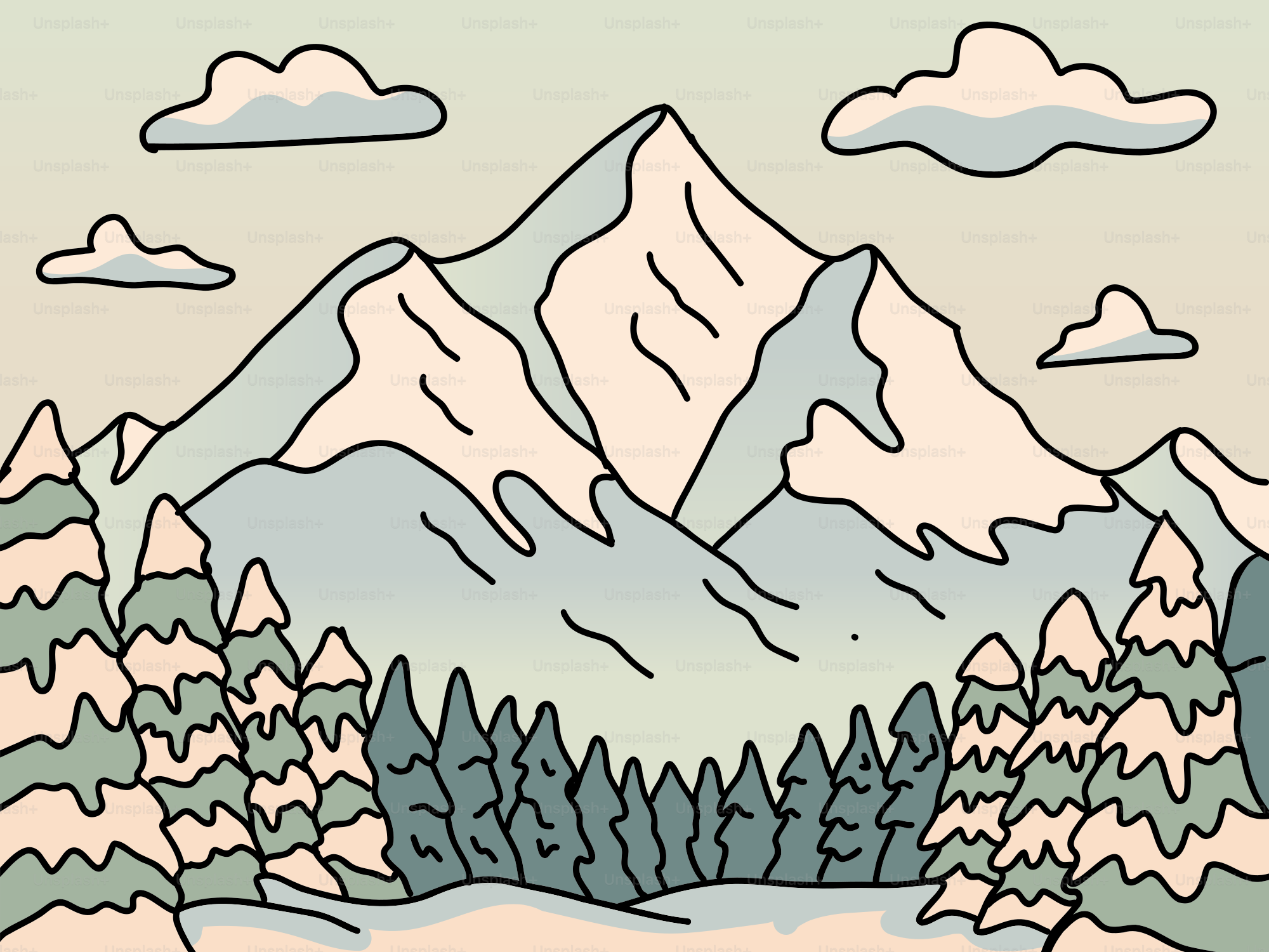 Montagne coperte di neve con pini e nuvole