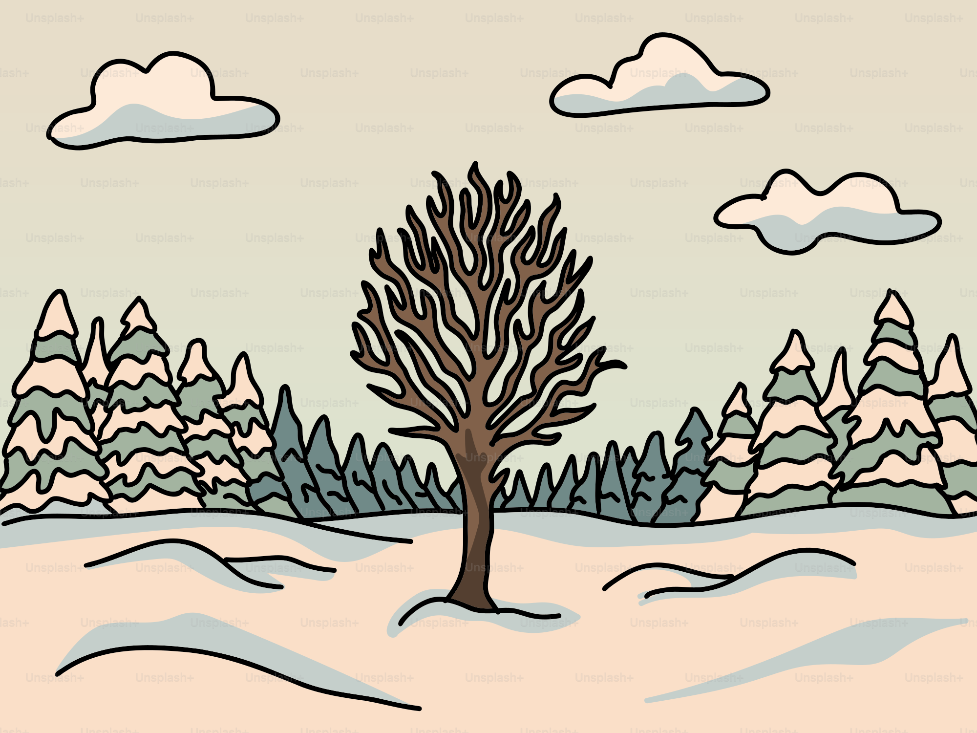 Bare tree in snowy winter landscape with clouds.