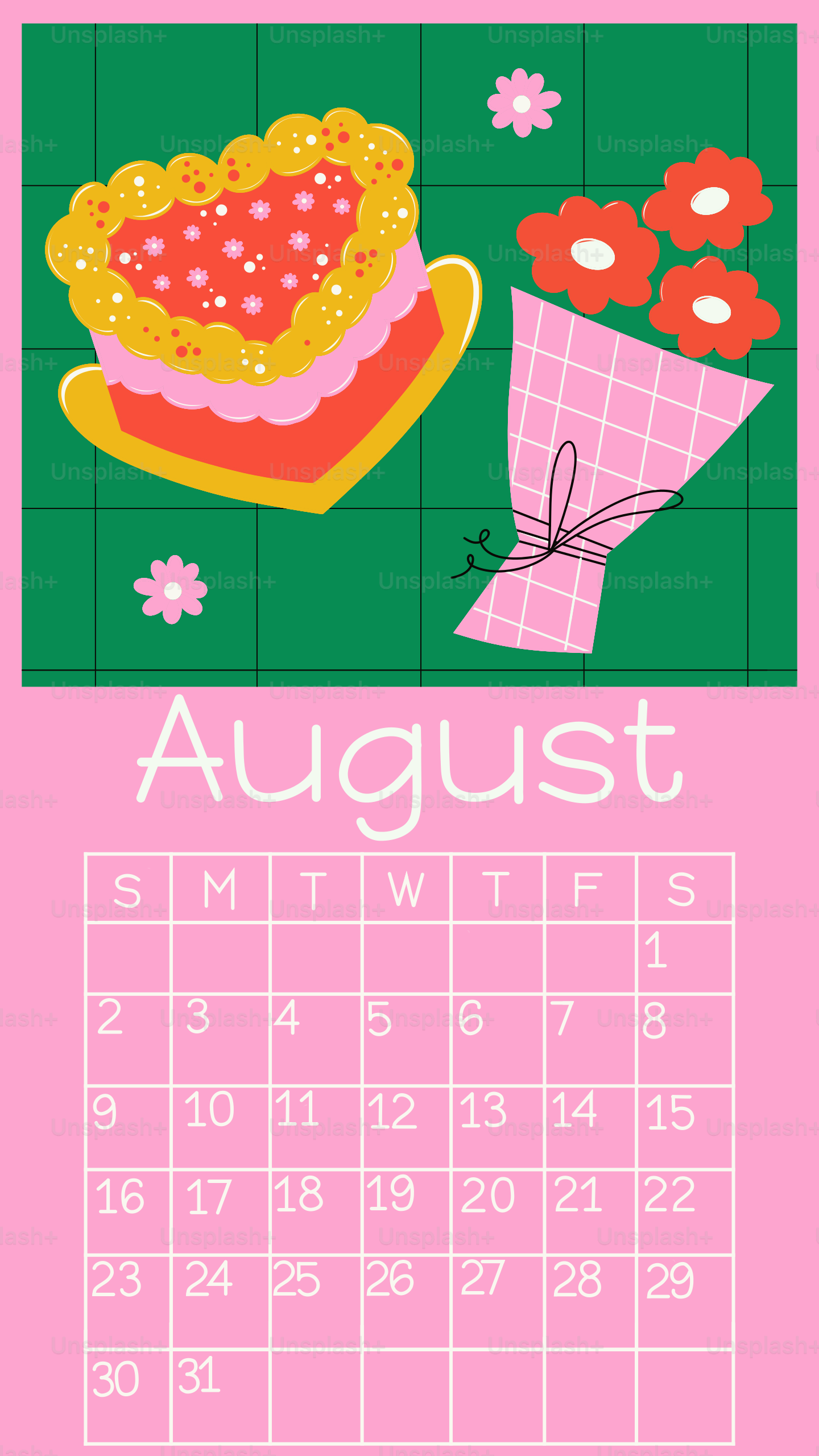 A heart-shaped cake and flowers on a calendar page.