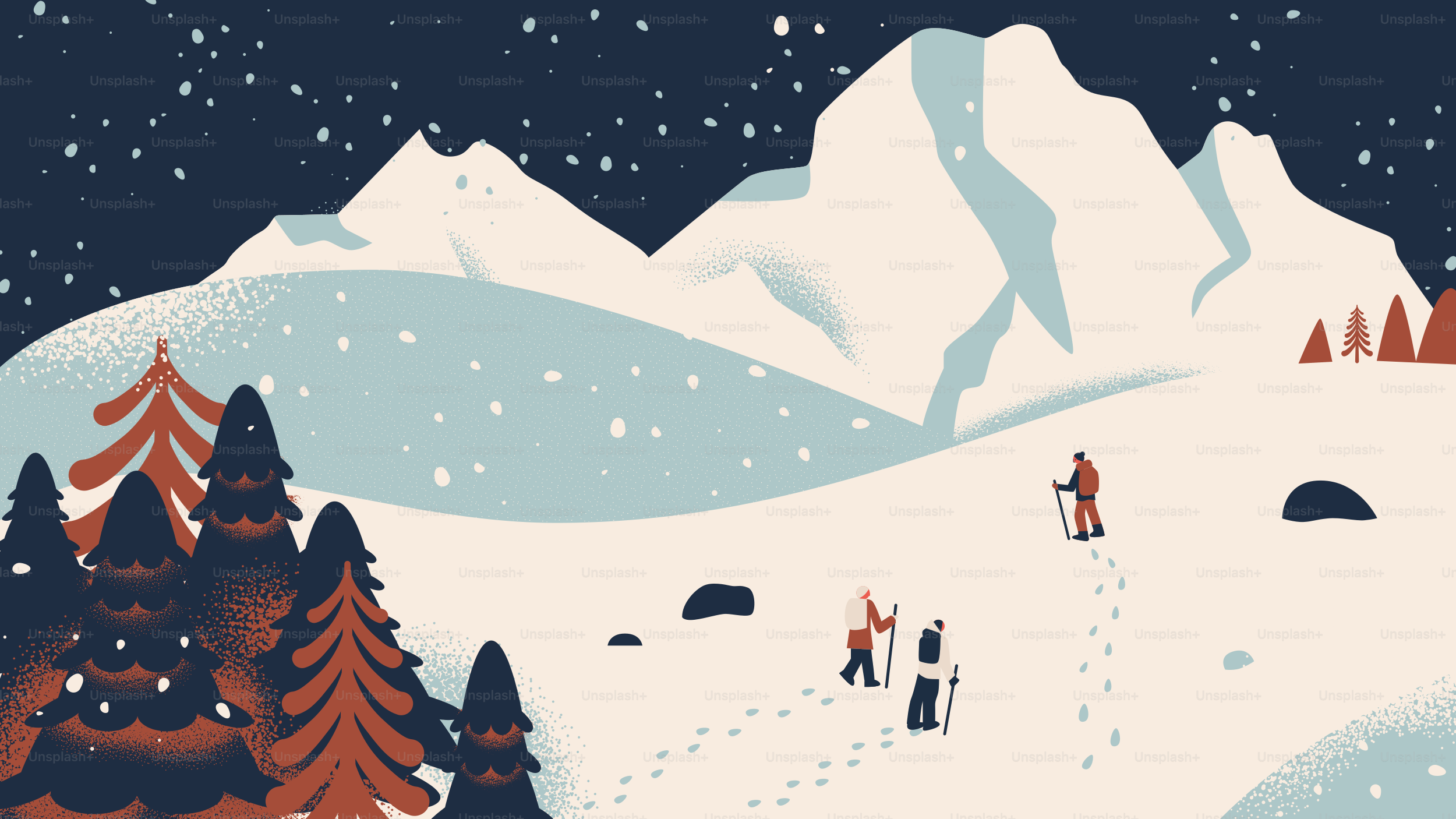 People hiking through a snowy mountain landscape at night.