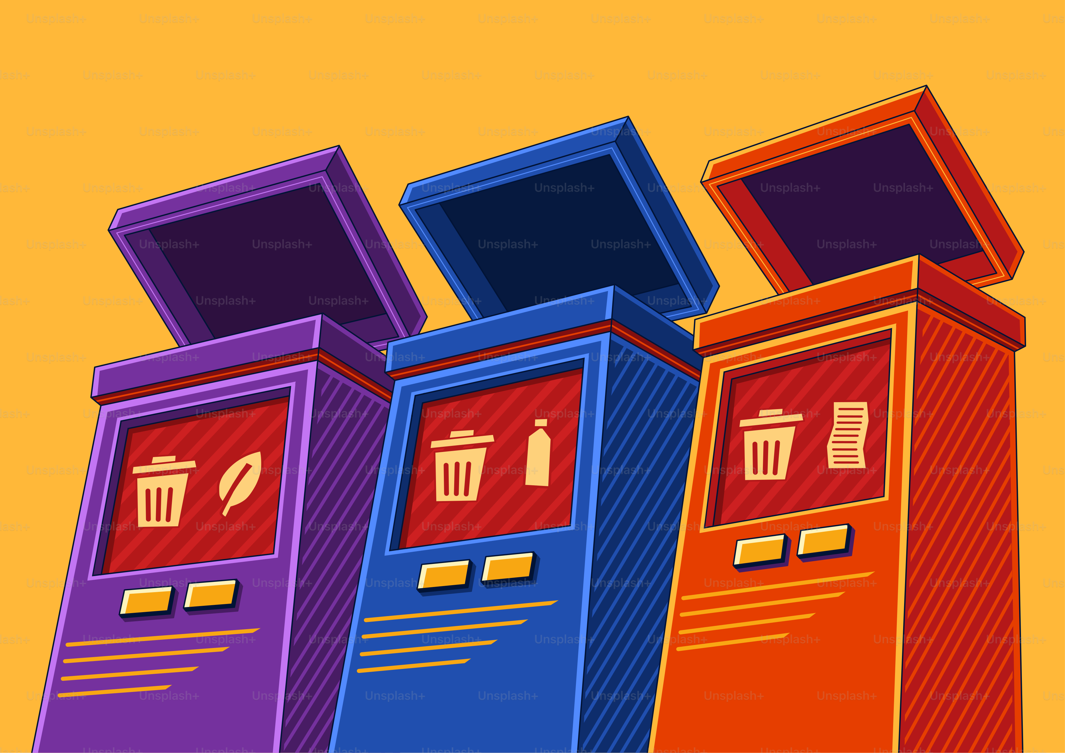 Three colorful recycling bins with icons.