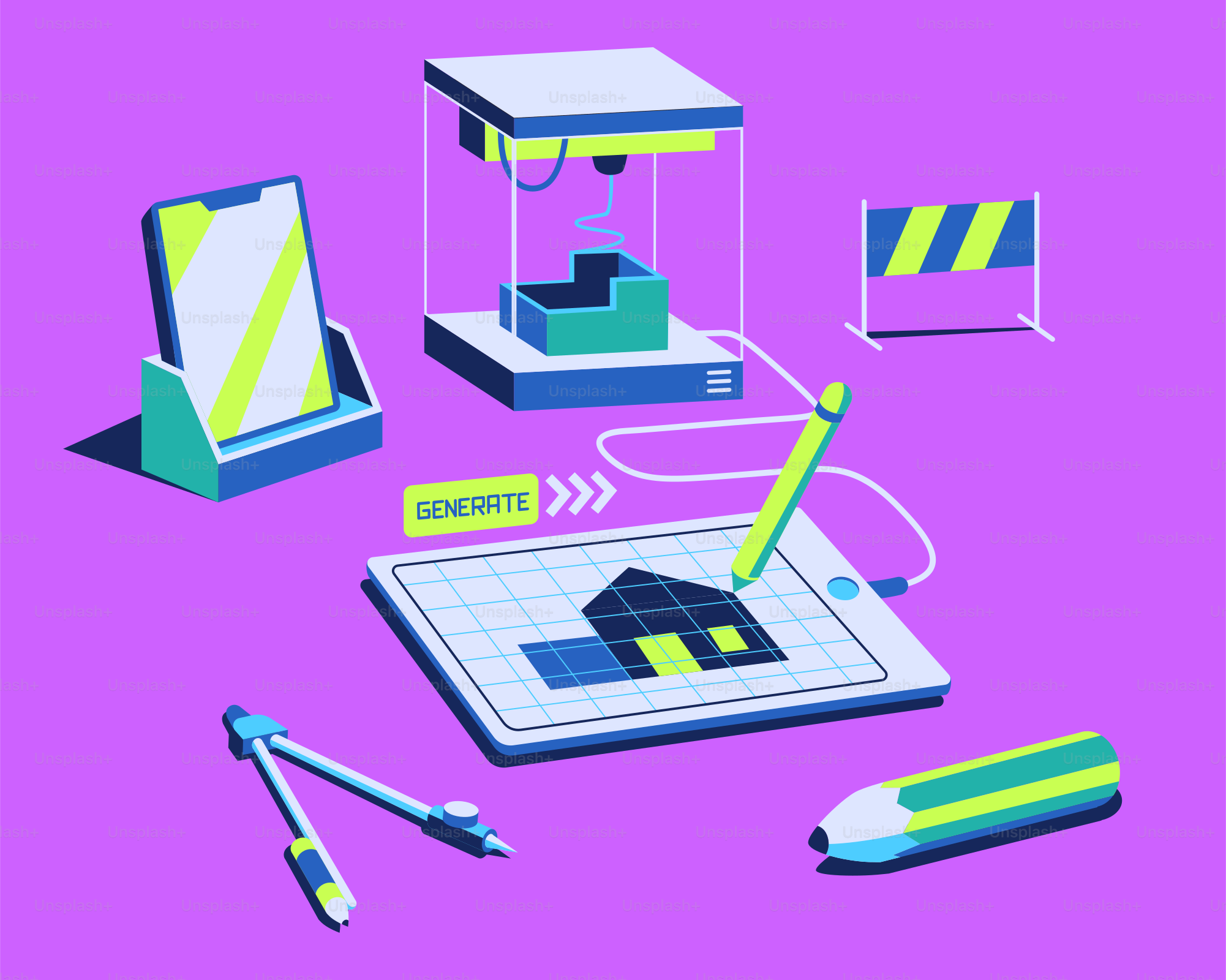 Imprimante 3D, tablette et téléphone illustrant le design numérique