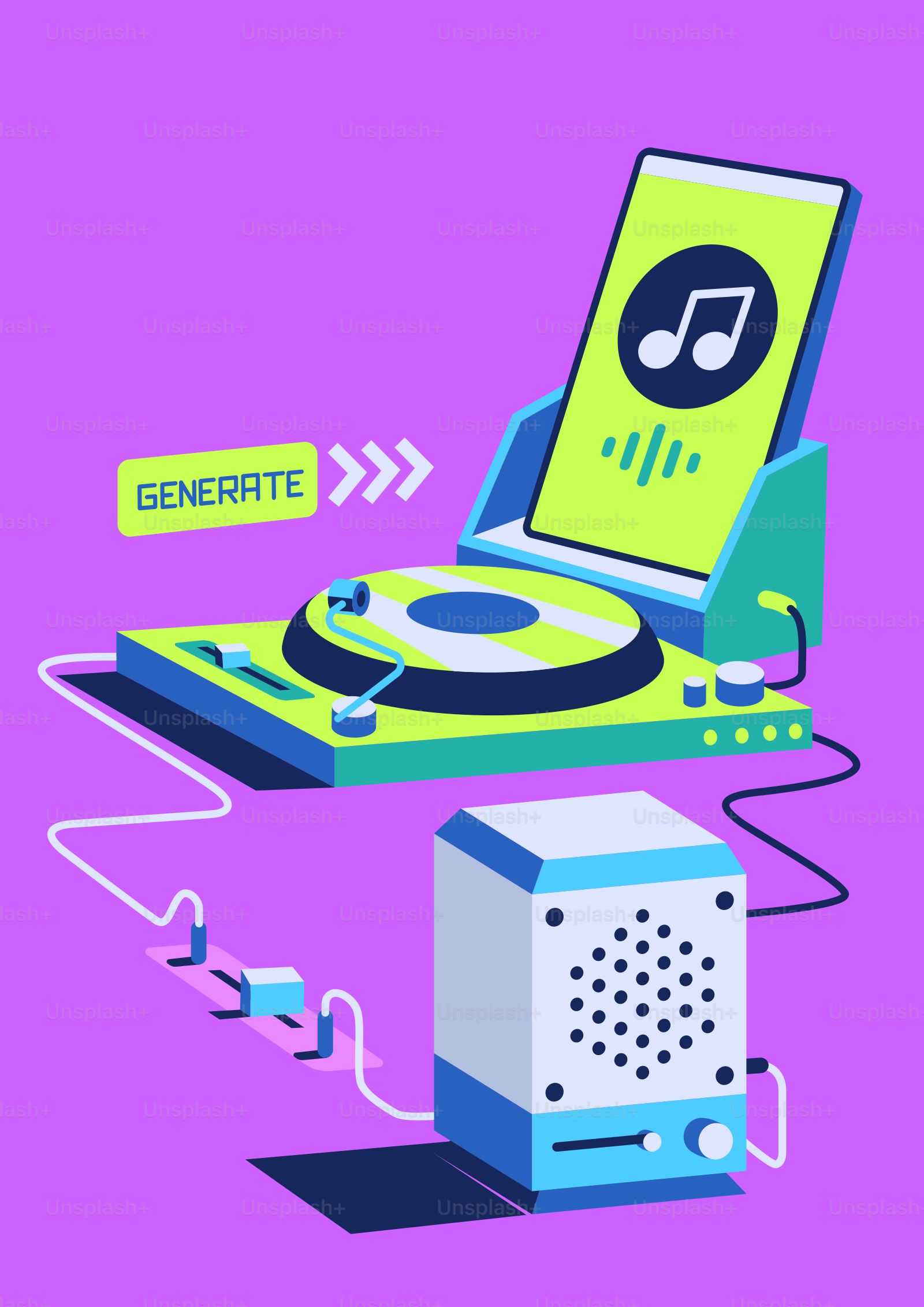 Turntable, phone, and speaker generating music