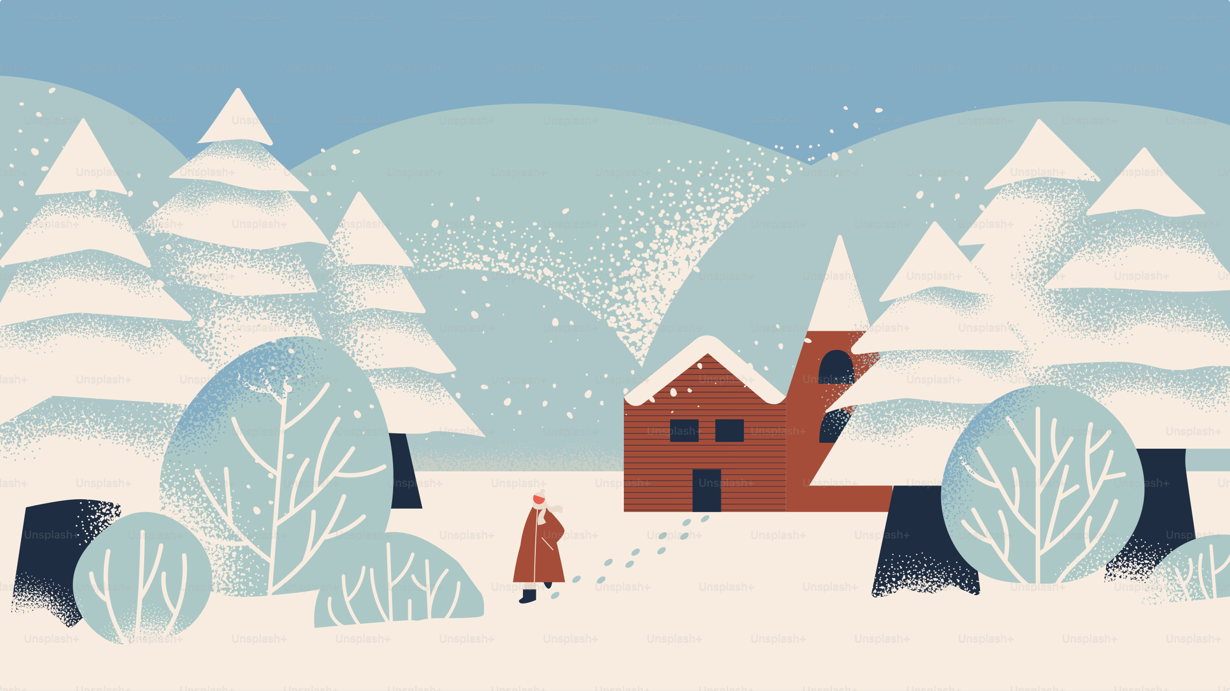 Person walks through snowy landscape towards a red building.