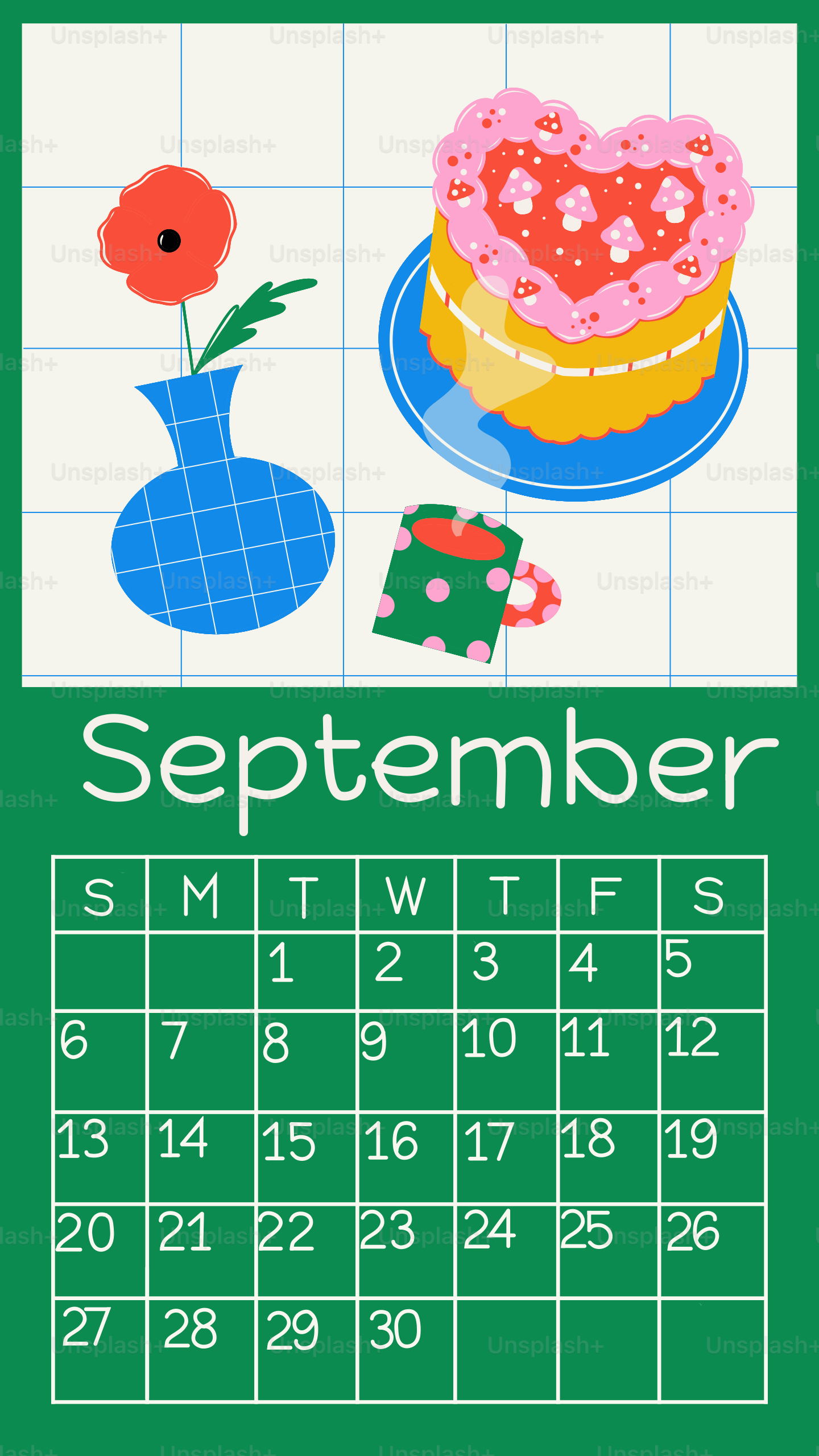 Calendario de septiembre con tarta, flor y taza.