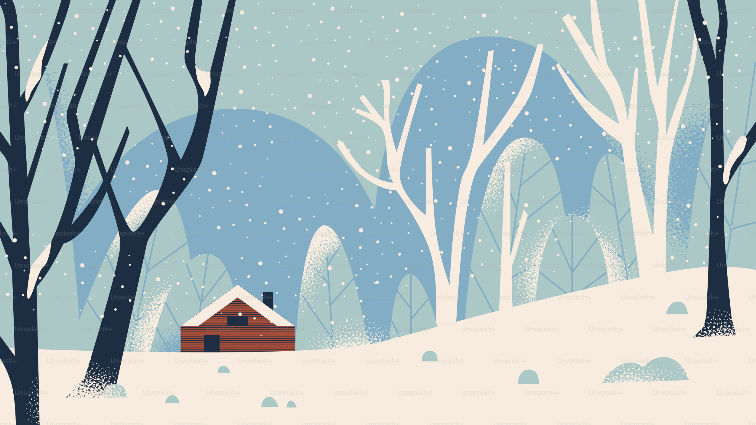 A small red cabin in a snowy winter landscape.