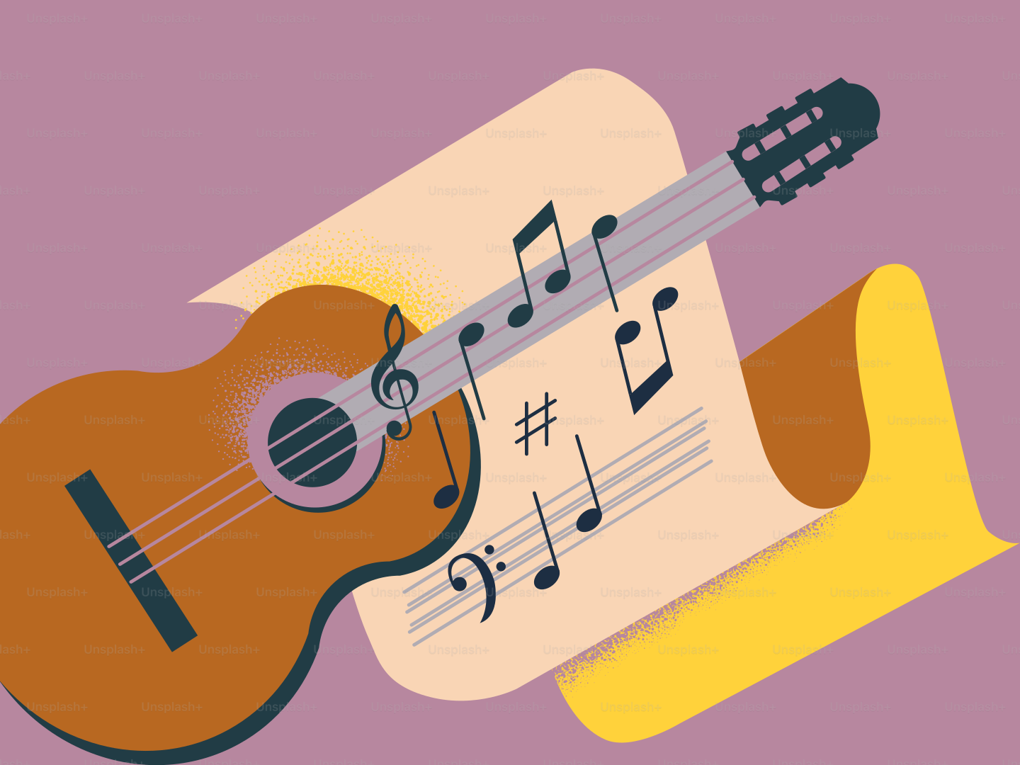 Acoustic guitar with musical notes on sheet music sheet