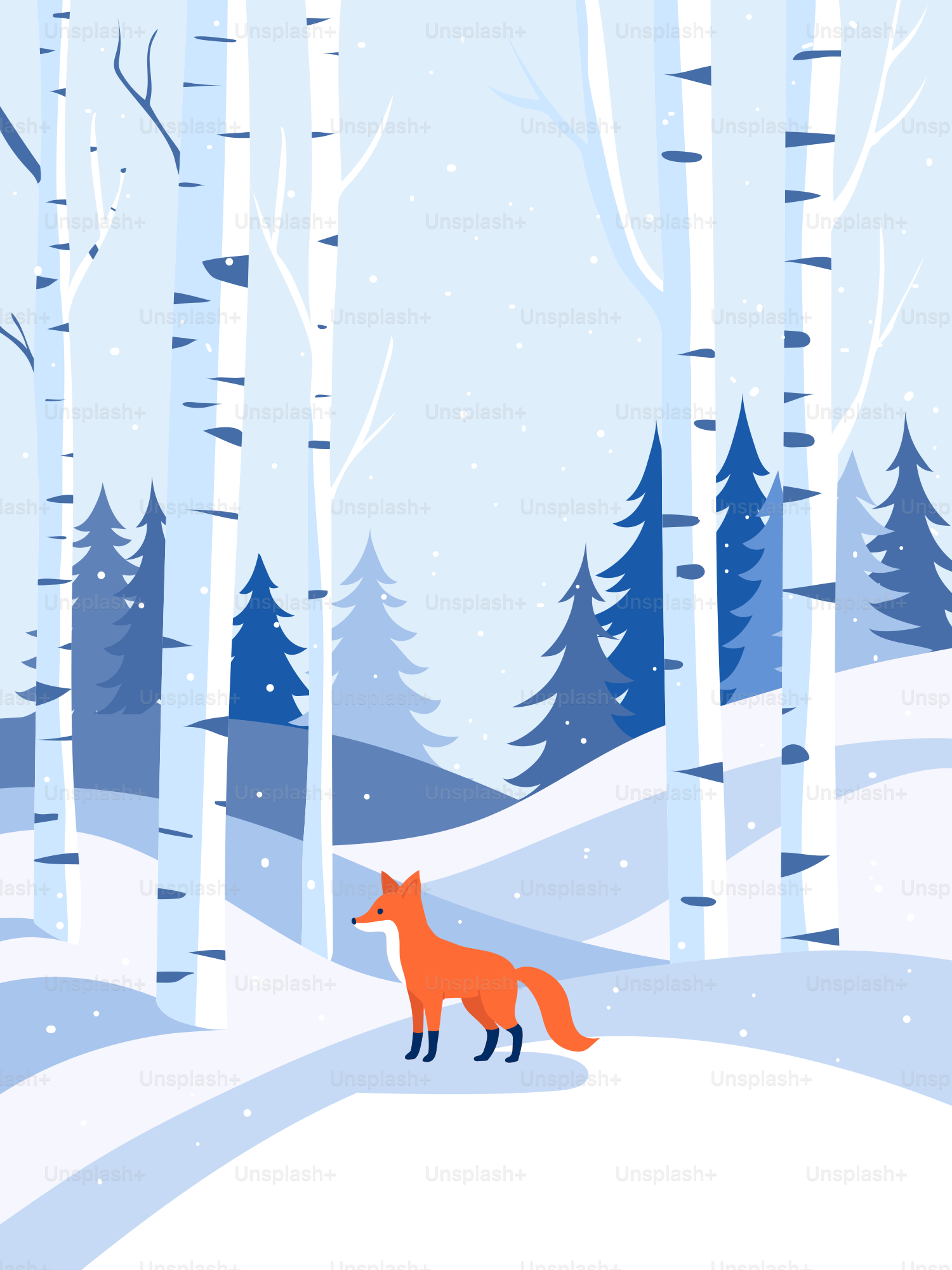 A fox walks through a snowy birch forest.