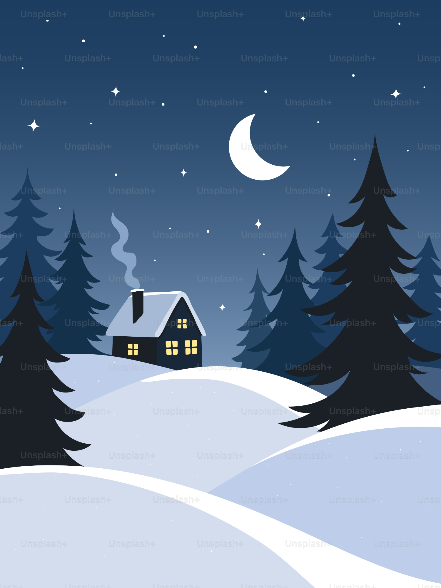 Cozy cabin in snowy forest under crescent moon.