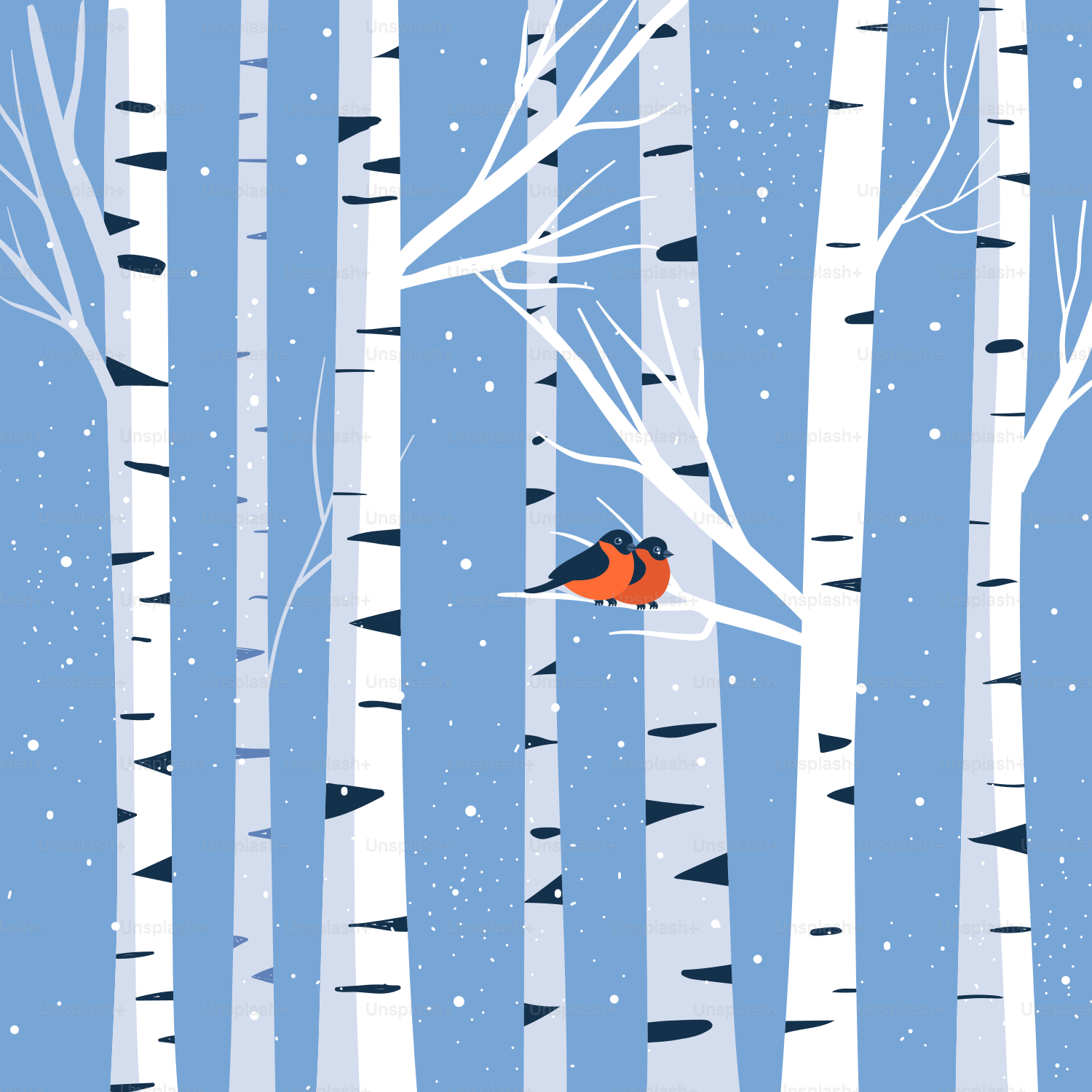 Two birds perched on a branch in a snowy forest.