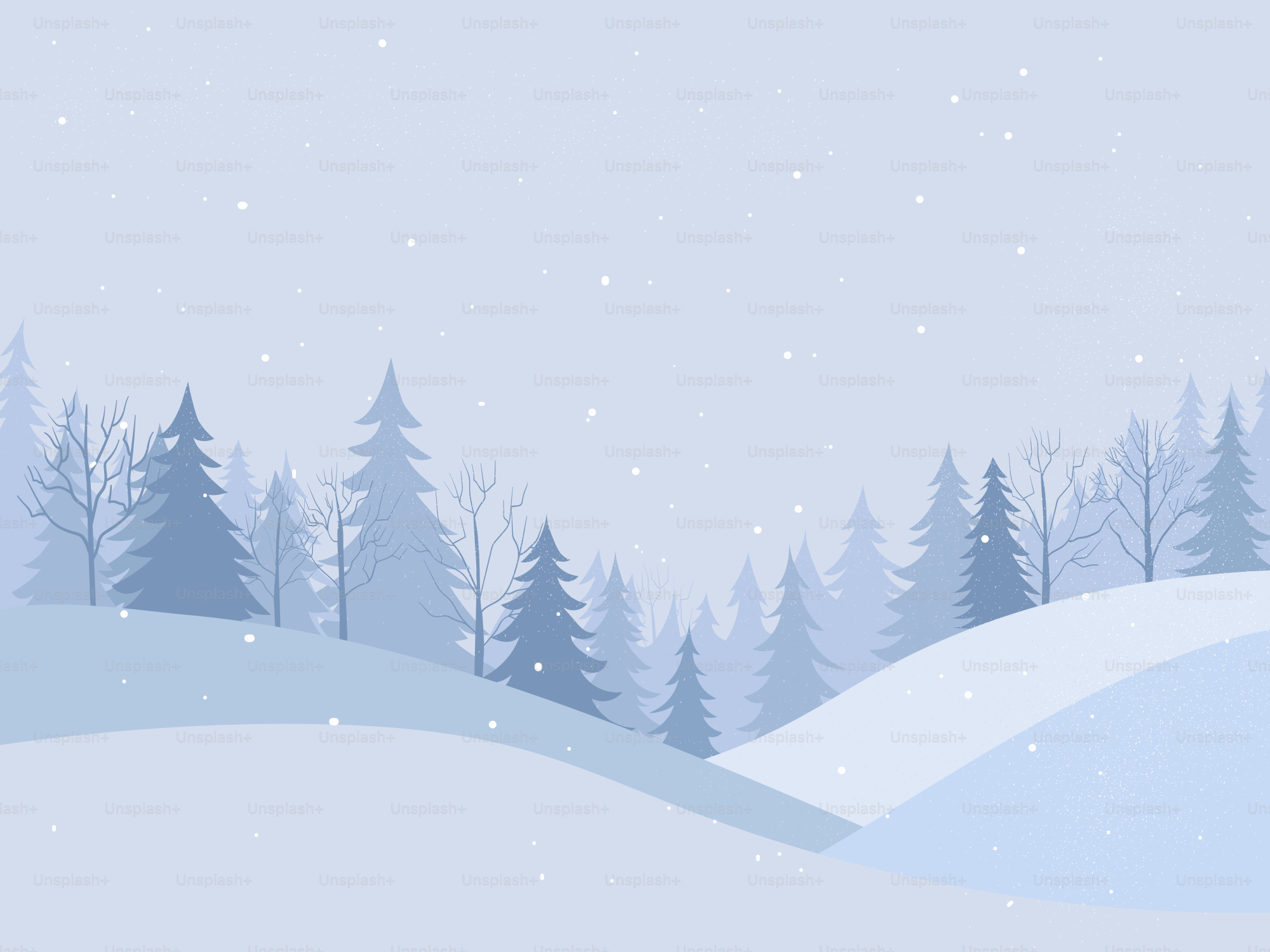 Snowy forest landscape with rolling hills and falling snow.