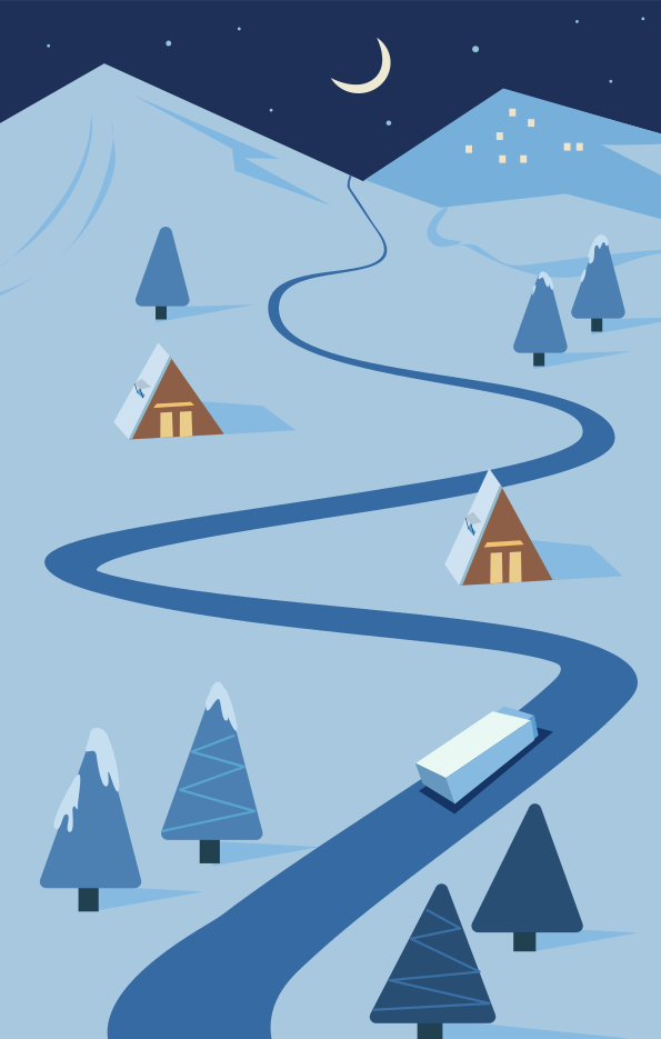 Winding road through snowy landscape with cabins and trees.