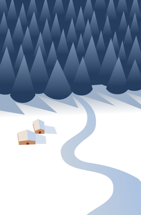 Um caminho nevado leva a duas pequenas casas na floresta.