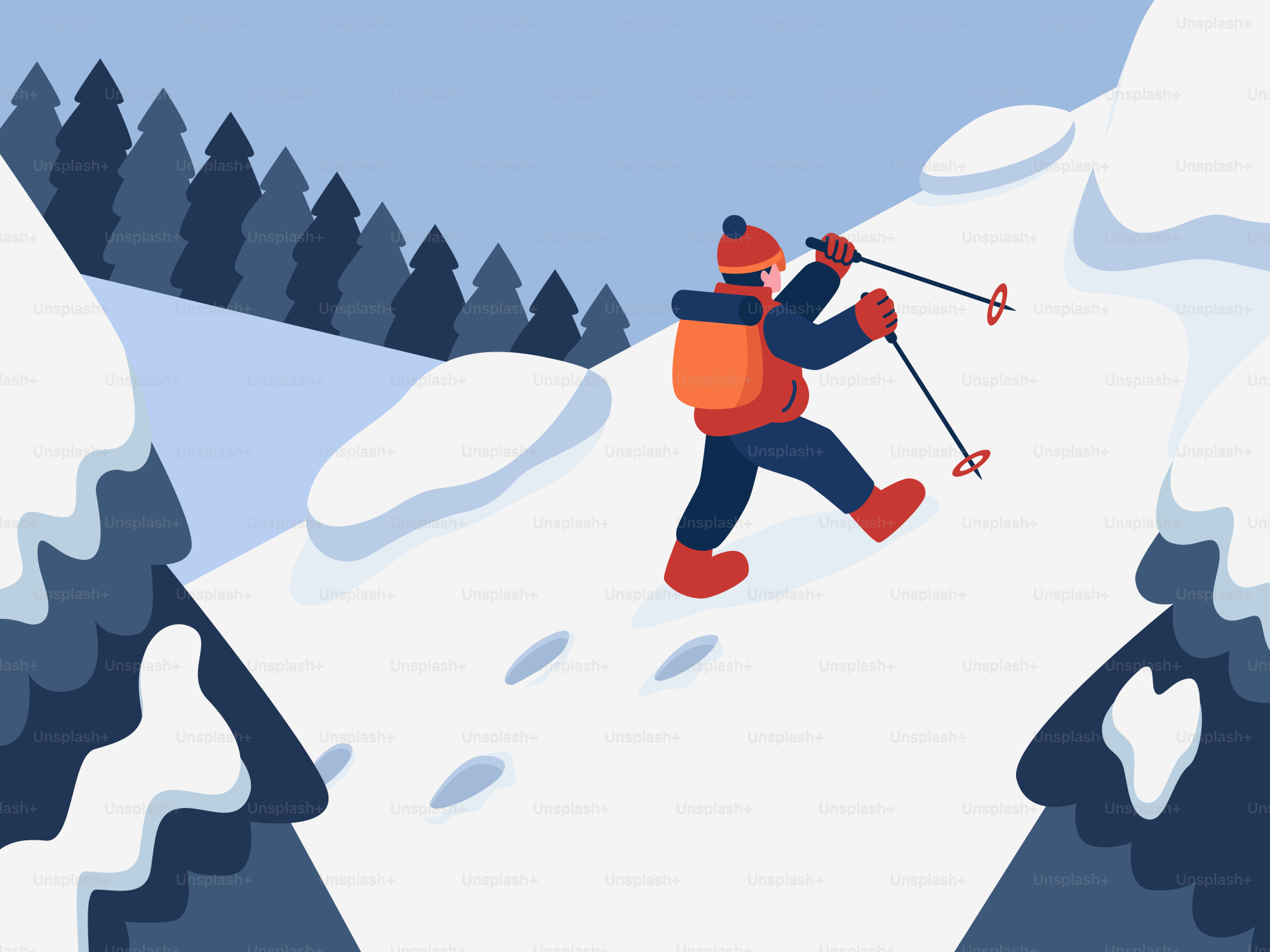 A person hikes up a snowy mountain with ski poles.