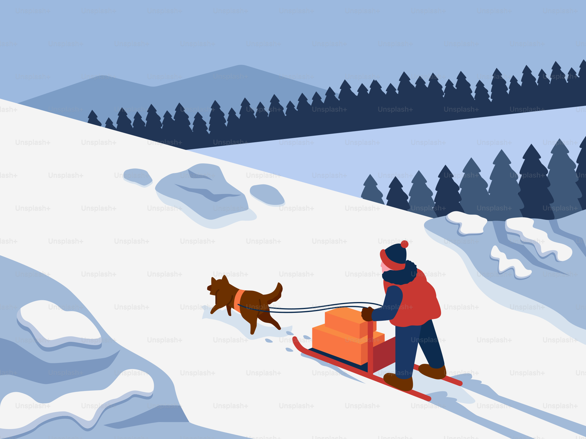 Person pulls sled with dog in snowy landscape