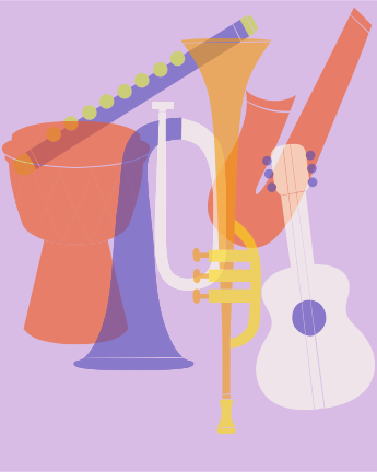 Assorted musical instruments overlap on a light purple background