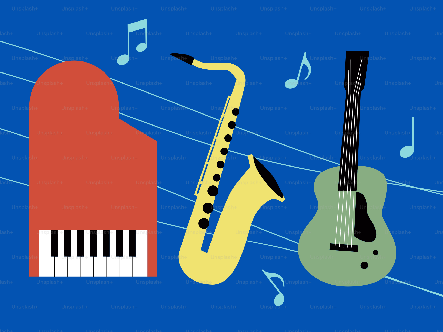 Musical instruments including piano, saxophone, and guitar.