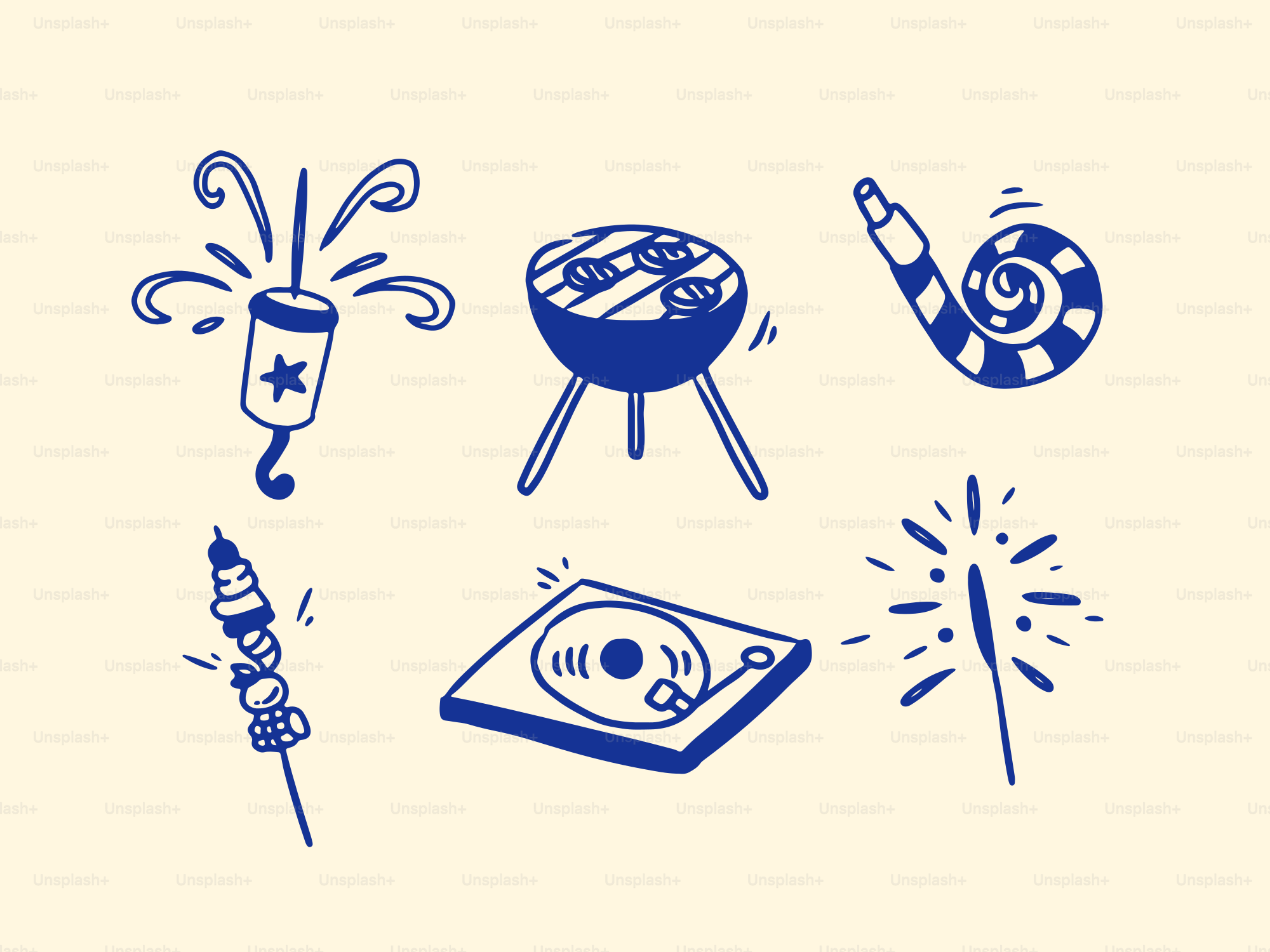 Feiersymbole: Grill, Feuerwerk, Partyhorn, Spieß, Plattenspieler