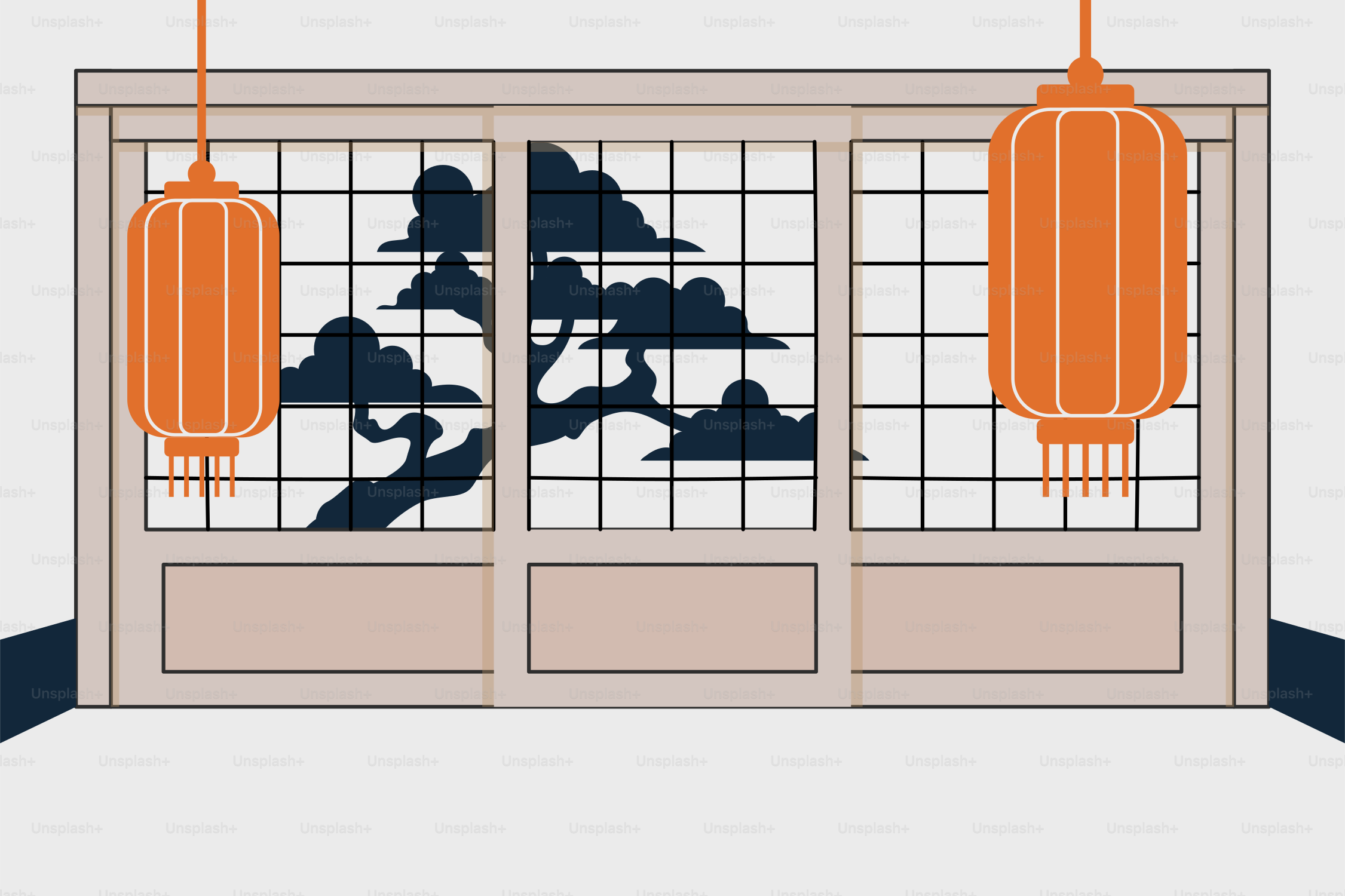 Traditional japanese shoji screen with hanging lanterns.