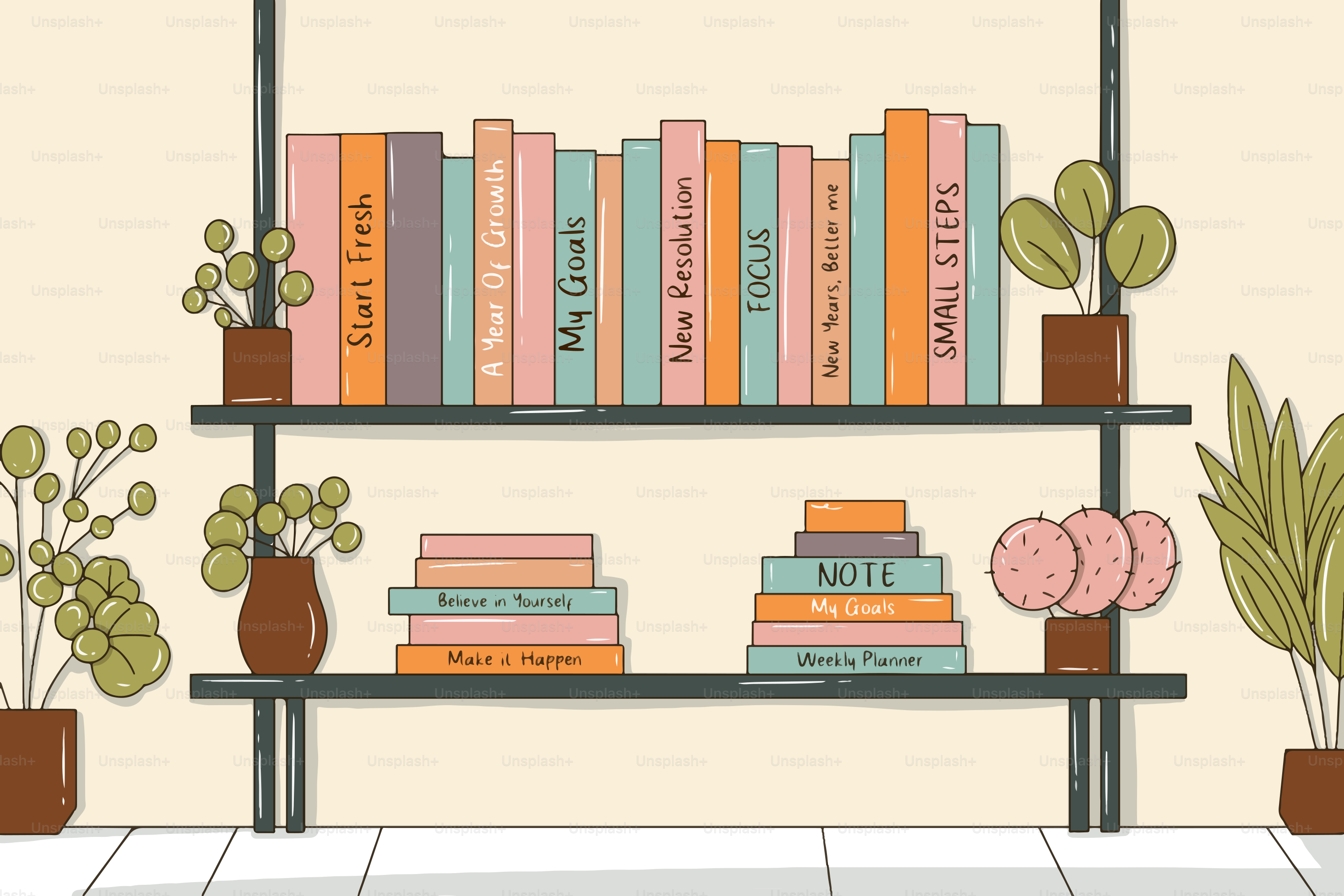 本や植物が棚に並び、モチベーションを出すタイトルが並んでいます。