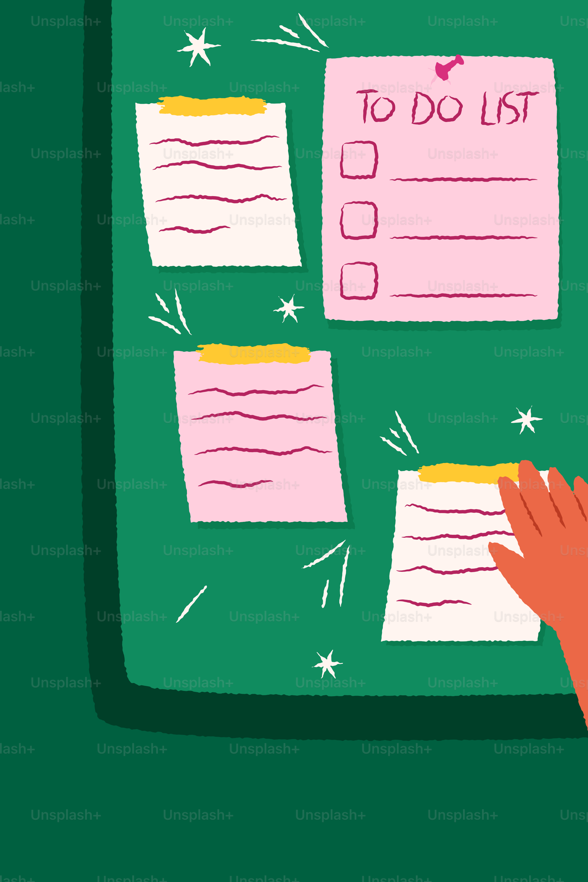 Hand adding a note to a green bulletin board.