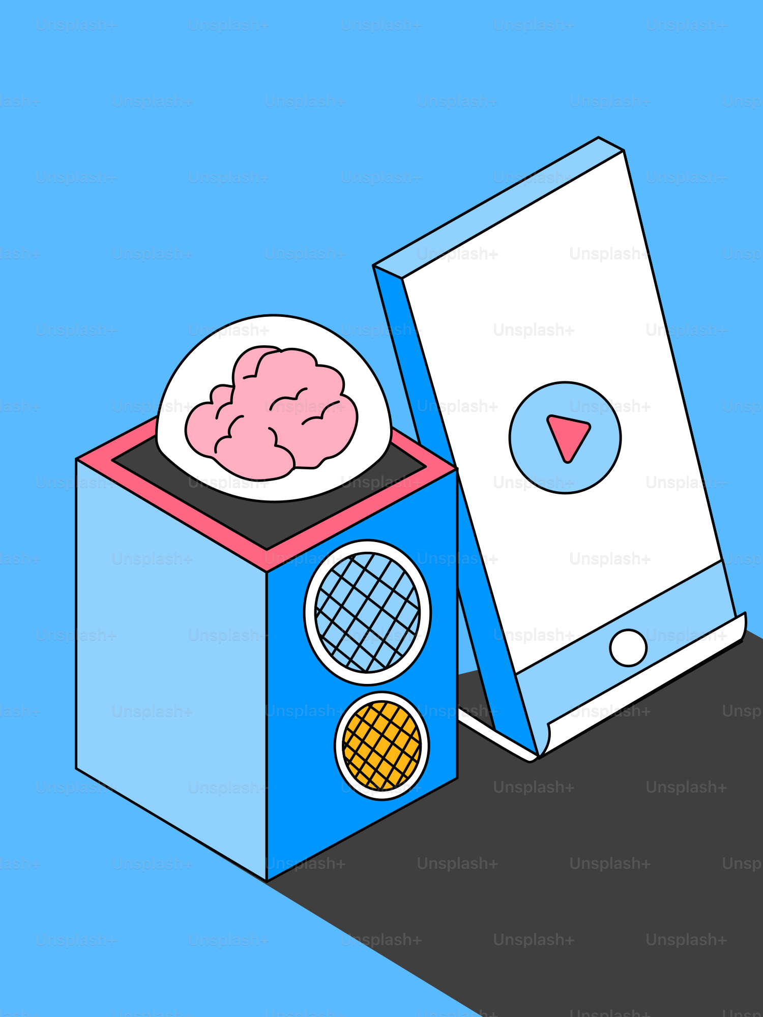 Brain in a speaker next to a smartphone screen.