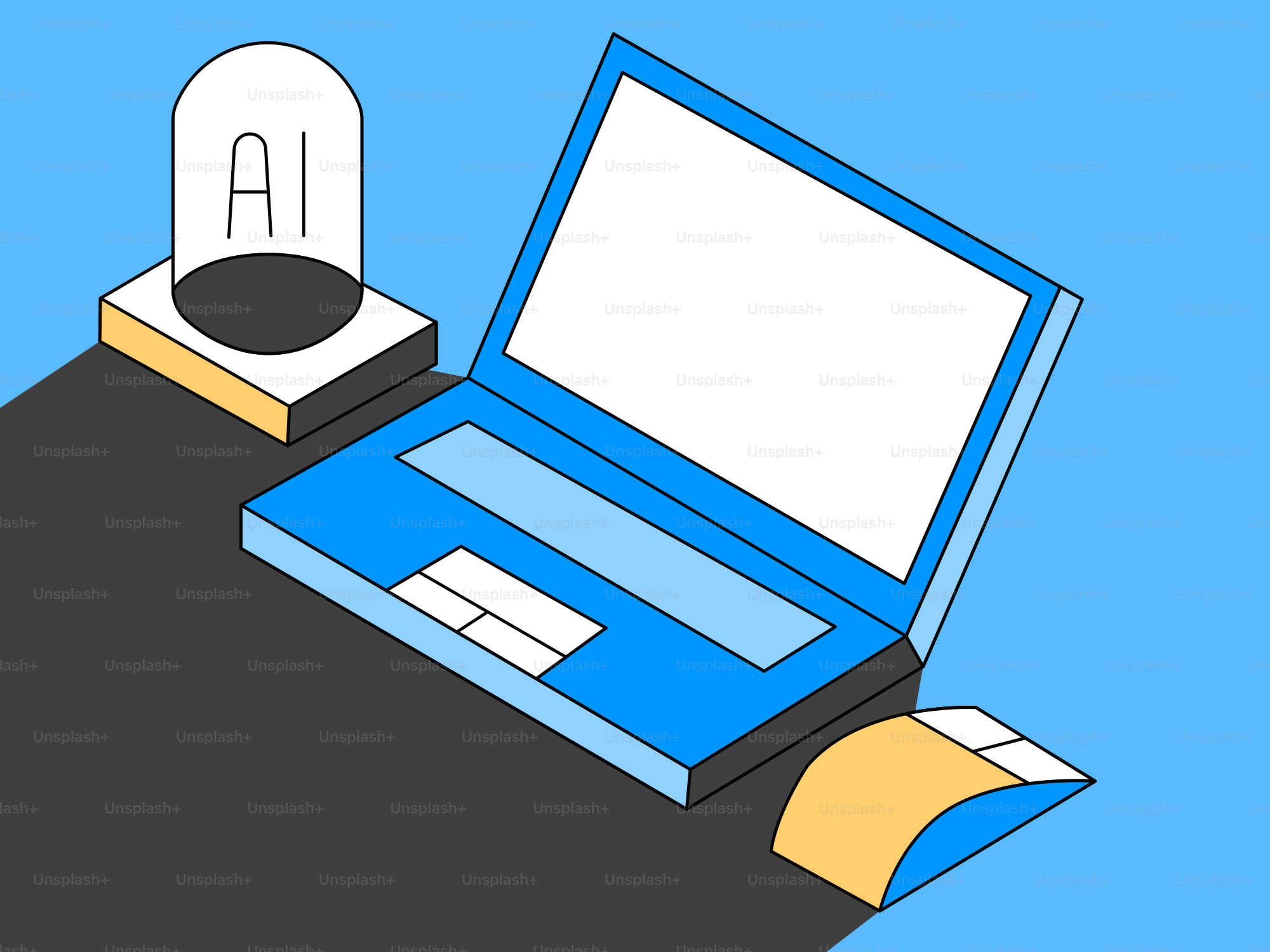 Laptop, mouse e símbolo de IA na mesa.