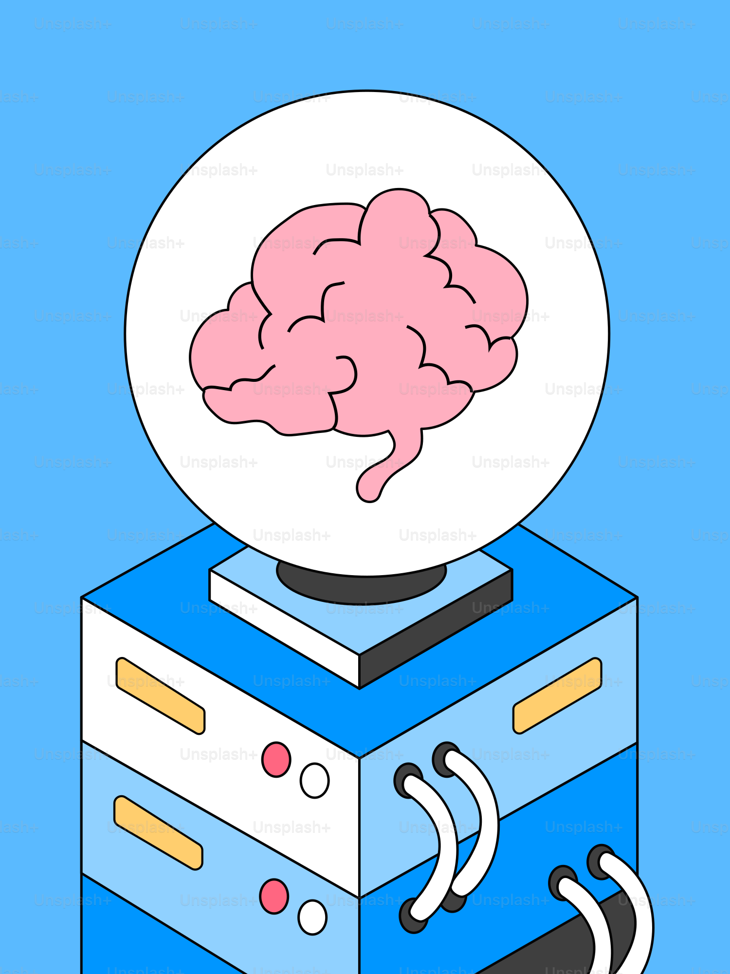 Pink brain inside a glass sphere on a machine.