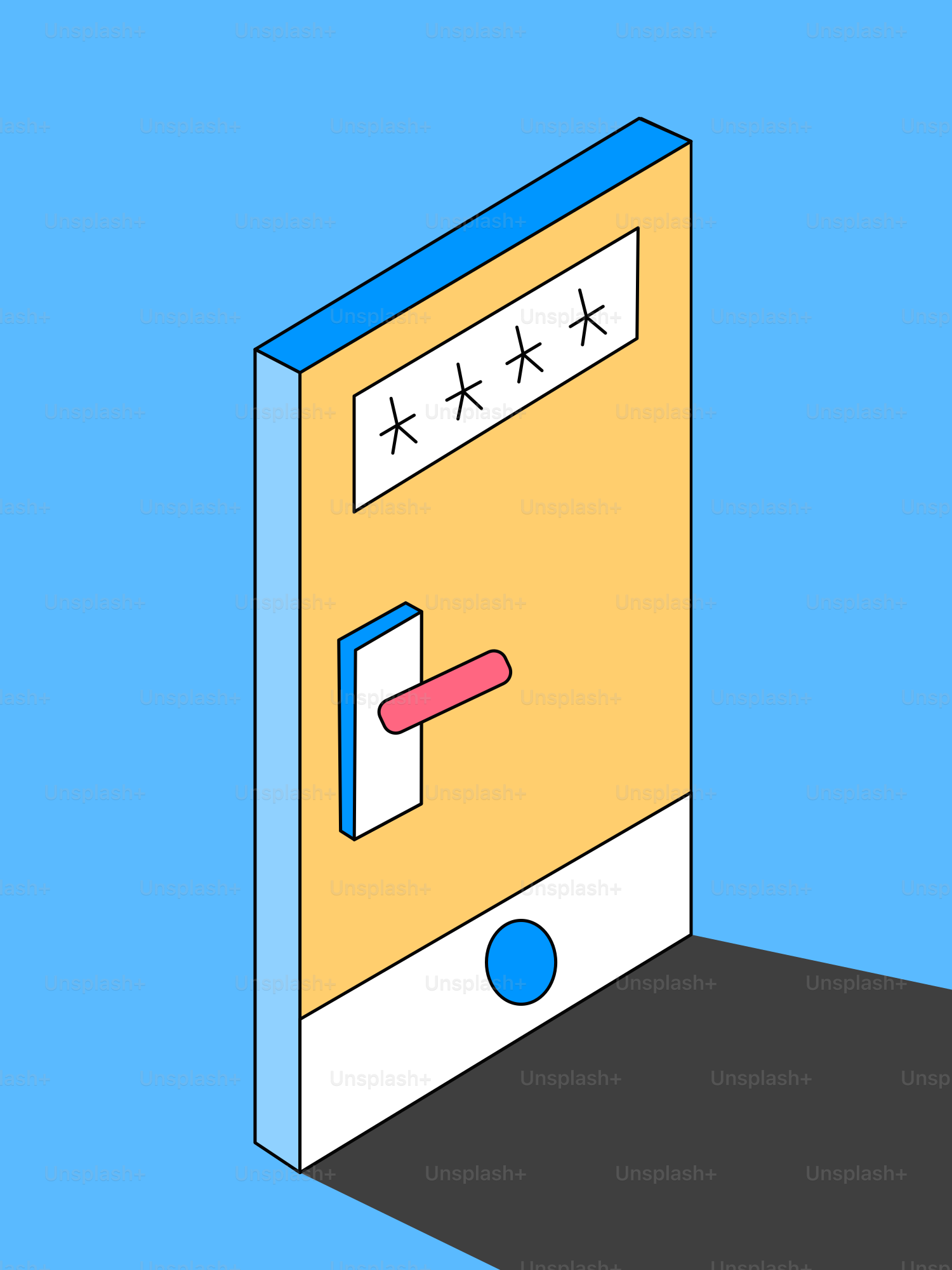 Smartphone screen shows password entry with door handle.