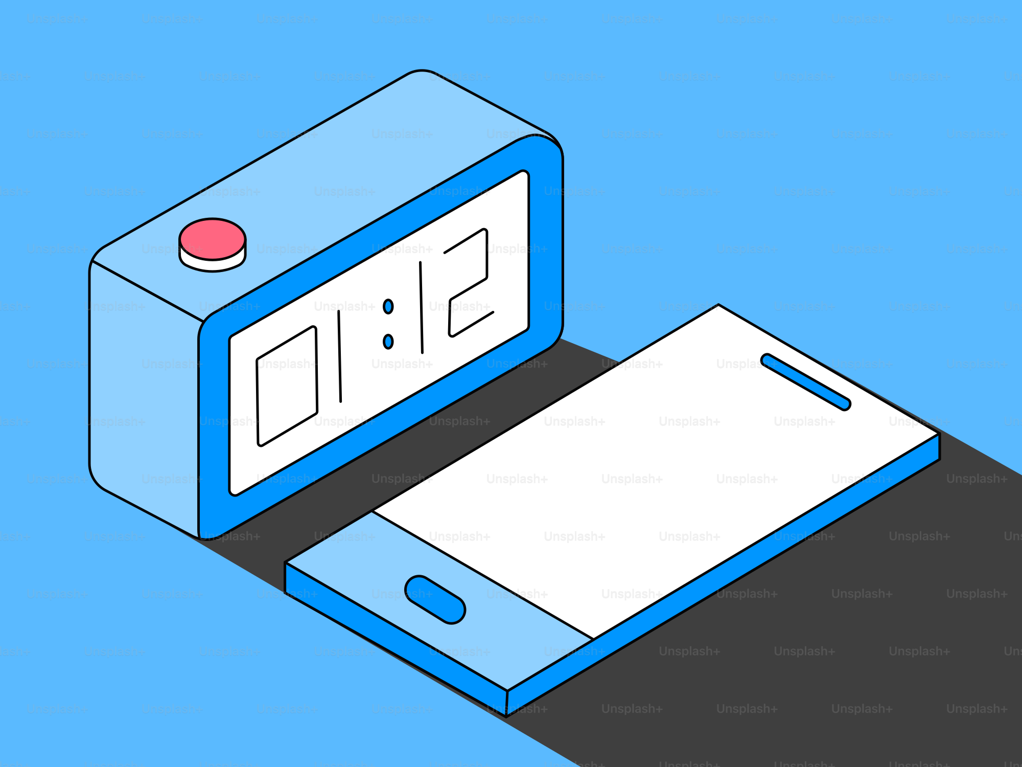 Digital alarm clock and smartphone on blue background