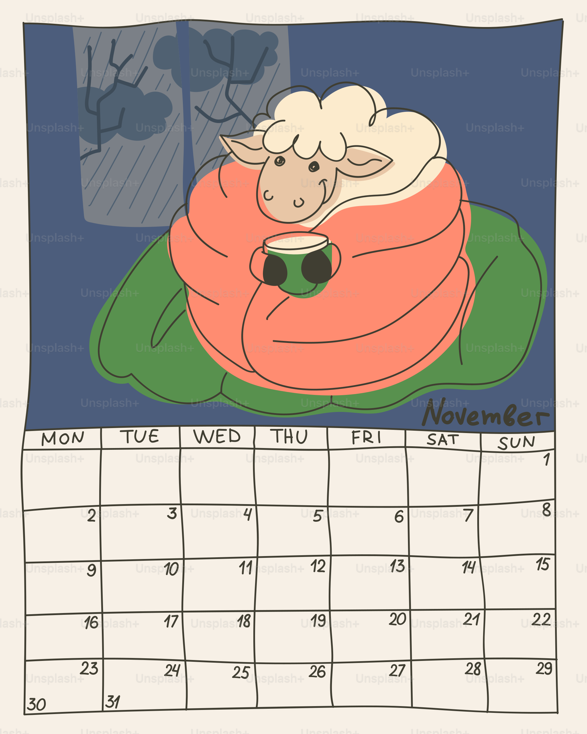 Seekor domba yang nyaman memegang minuman hangat di bulan November.