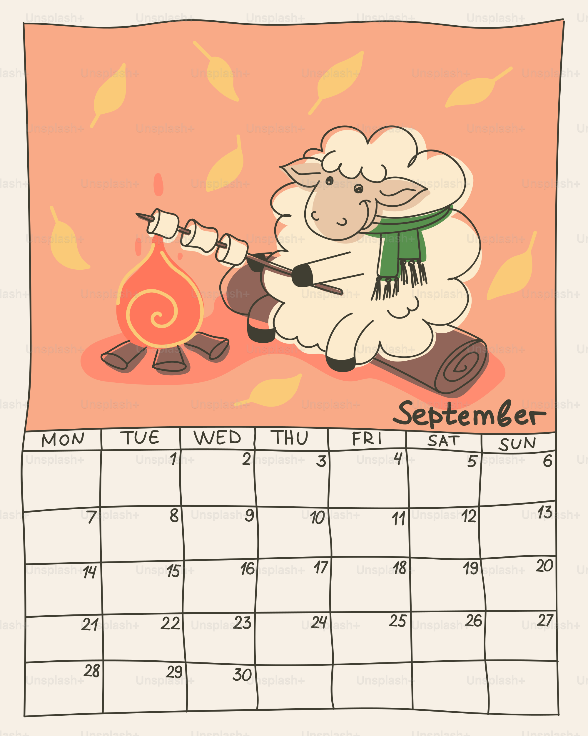 Ovelhas assando marshmallows ao lado de um calendário de fogueira