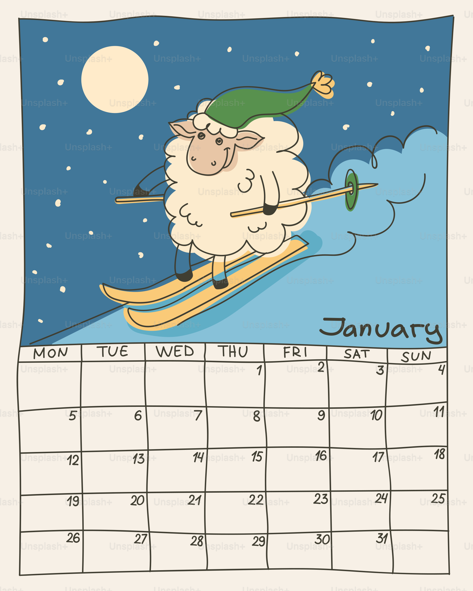 A sheep skiing down a snowy hill at night.