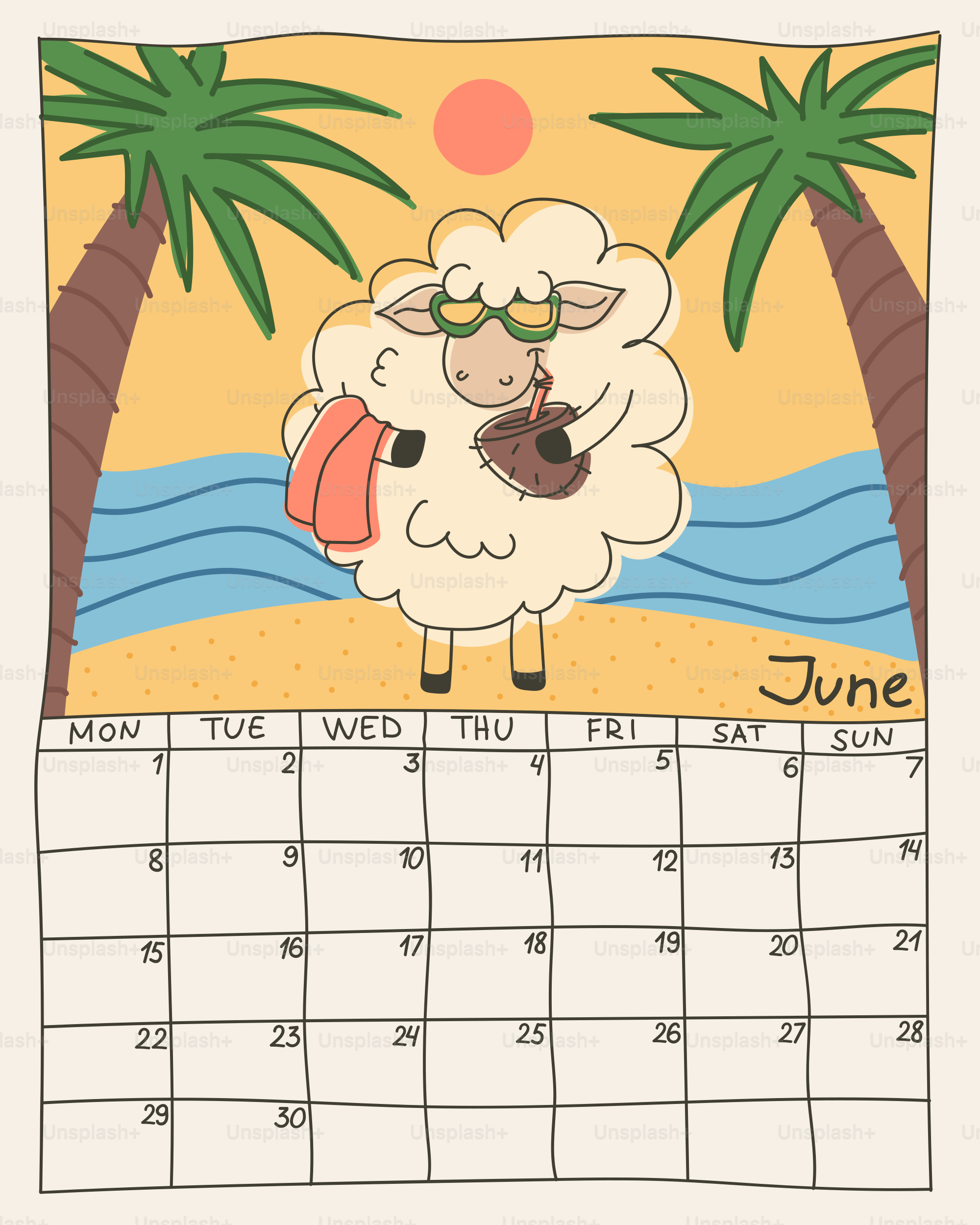 Sheep on beach with june calendar