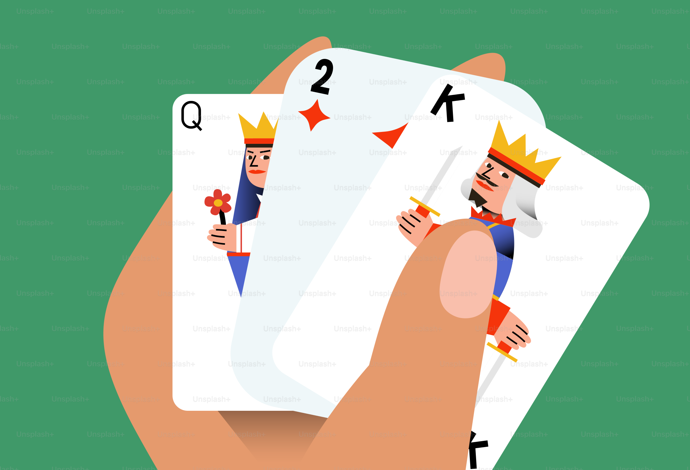 Hand holding playing cards: queen, two, king
