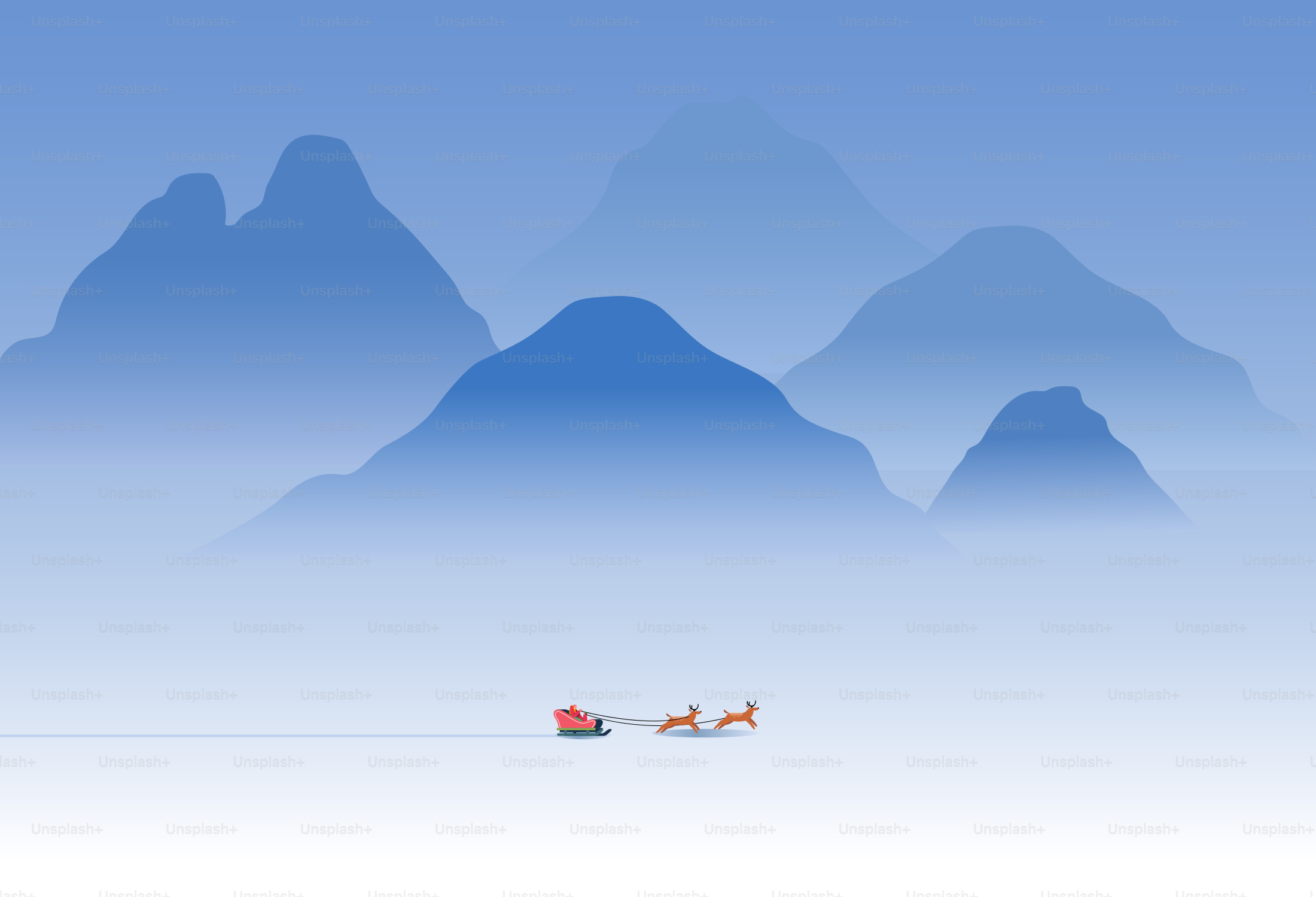 Santa's sleigh pulled by reindeer over misty mountains