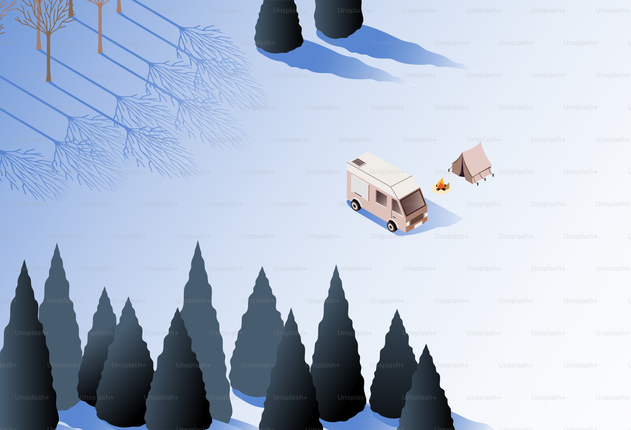 Camper van and tent in snowy forest landscape with trees