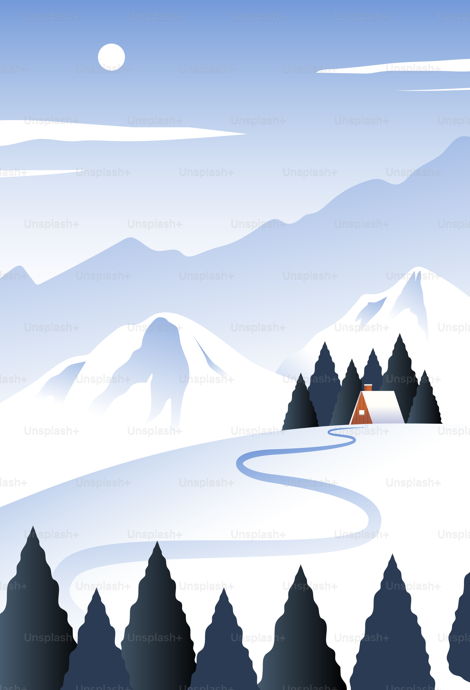 Snowy landscape with a cabin and winding path.