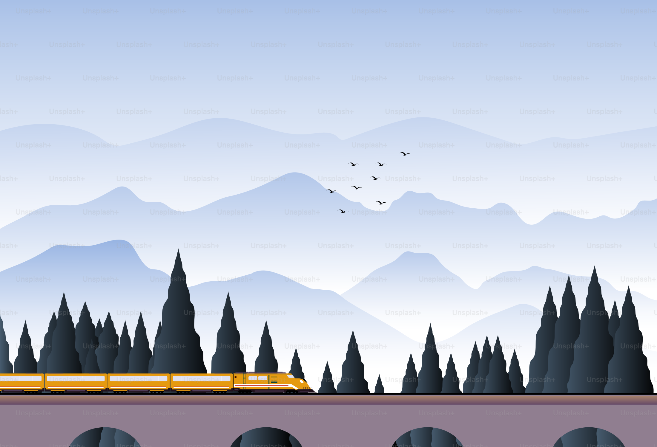 A modern train travels on a bridge through mountains.