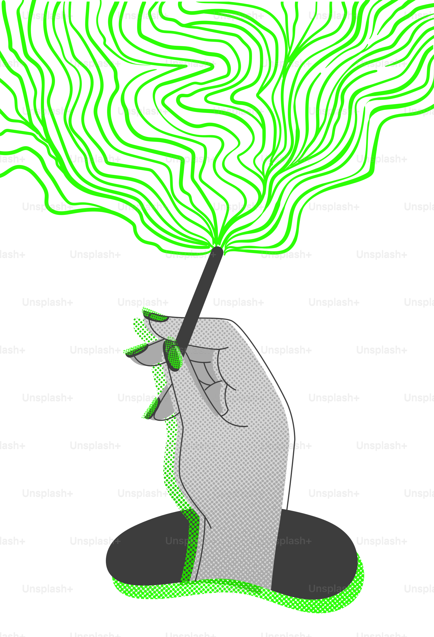 Hand holding a pen emitting green wavy lines