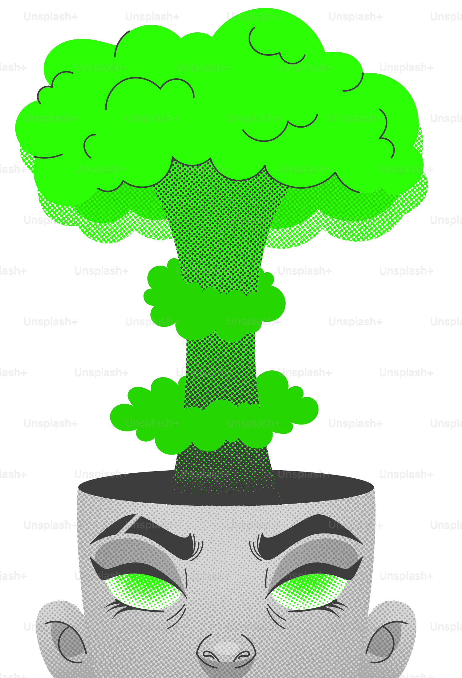 Green mushroom cloud exploding from open head