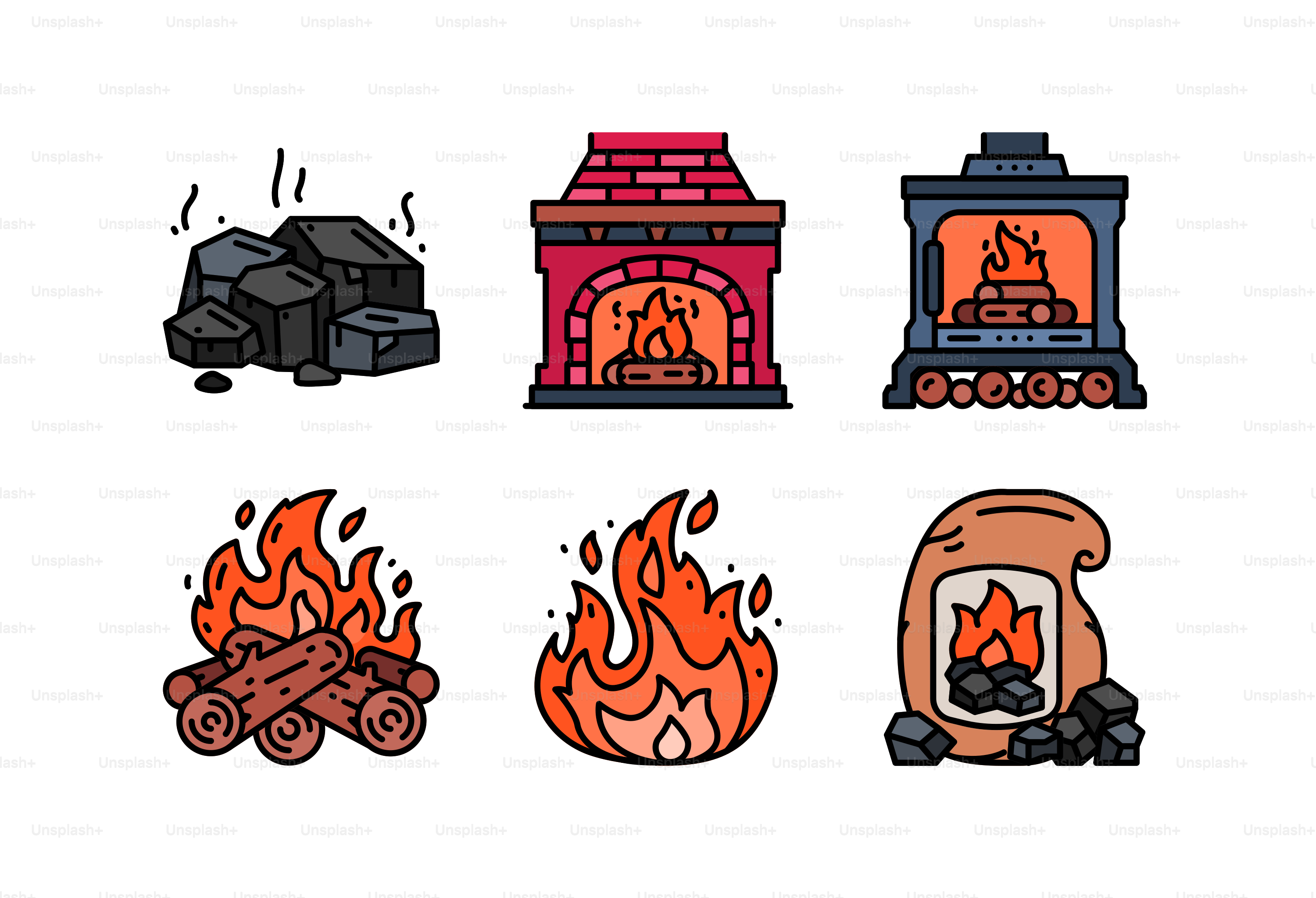 Collection of fireplace and fire icons