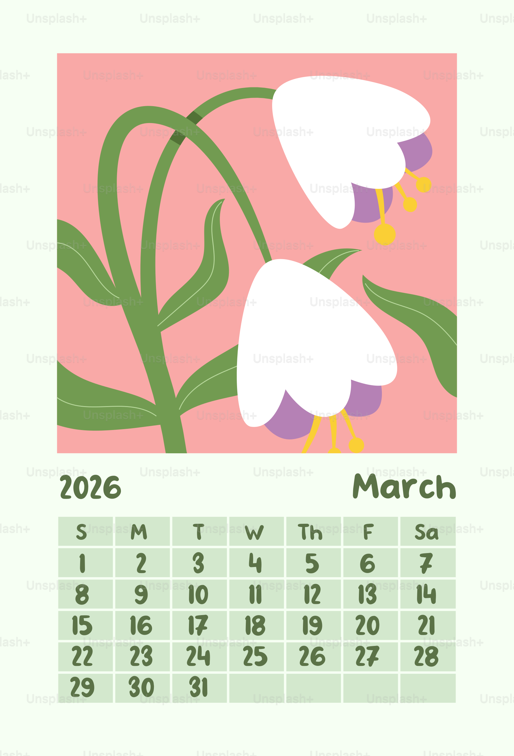 Kalender Maret 2026 dengan ilustrasi bunga
