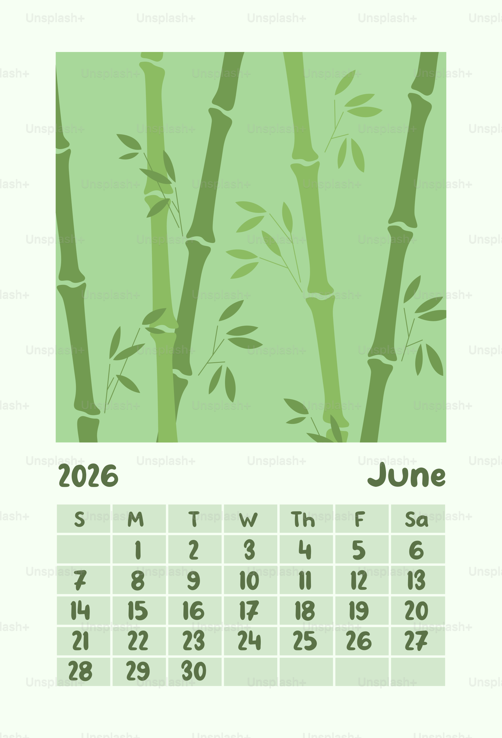 Juni 2026 Kalender mit Bambusmuster