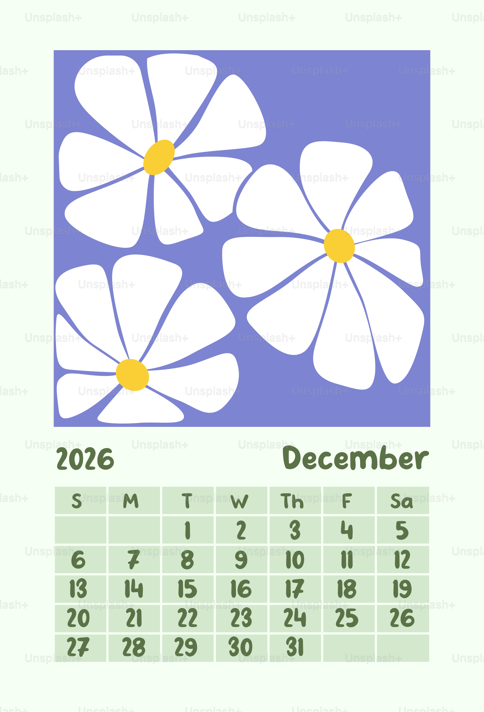 December 2026 calendar with white flowers