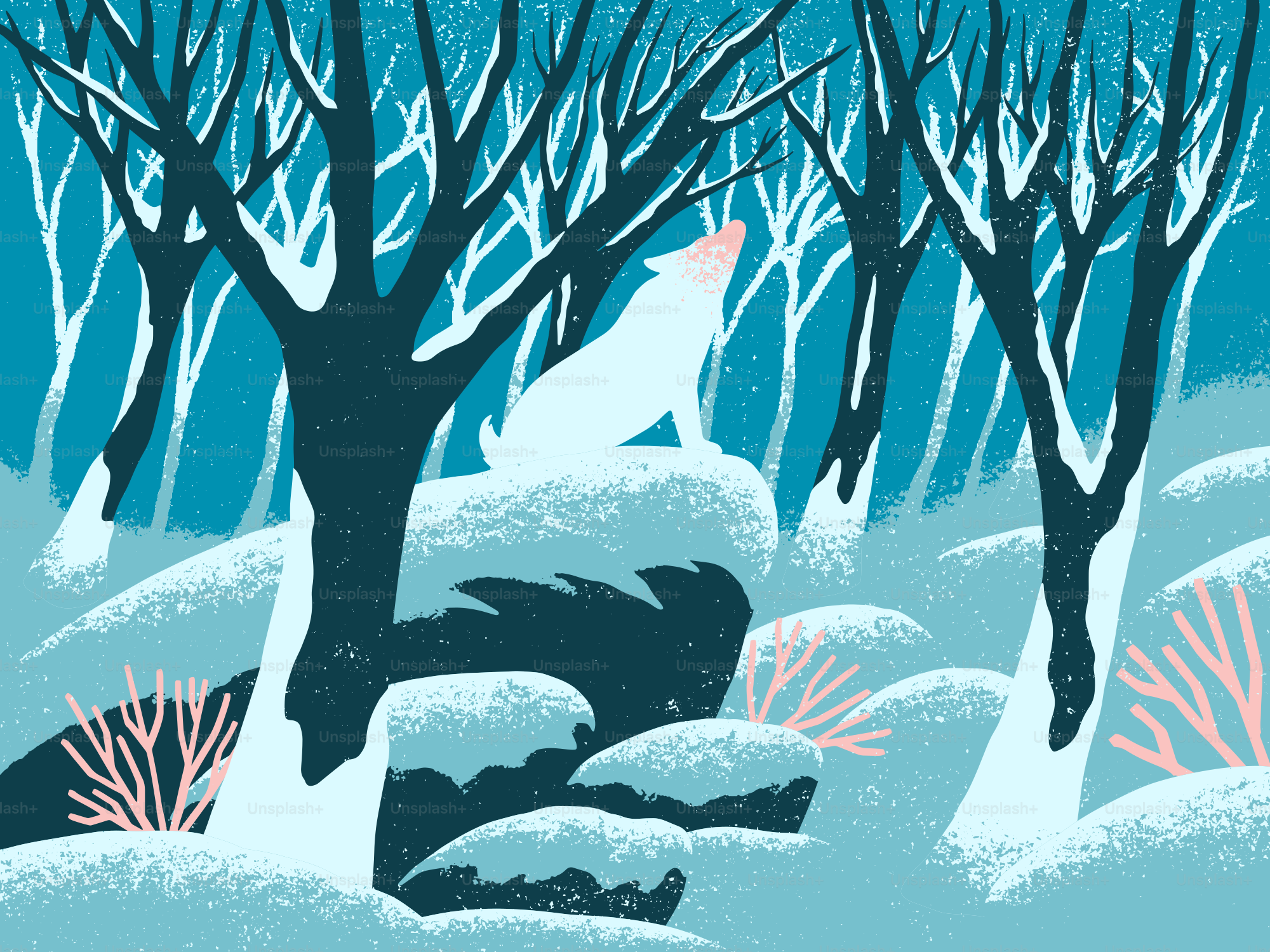 A white wolf howls on a snowy rock.